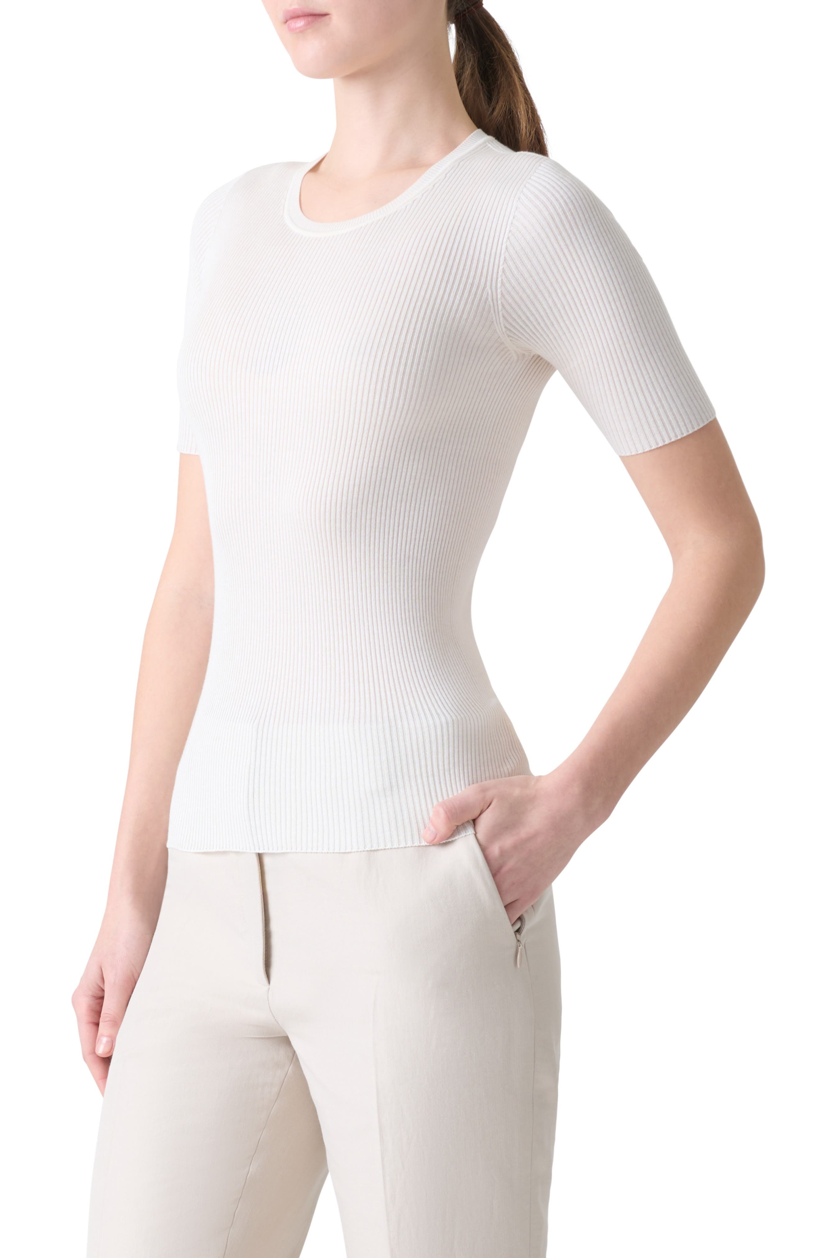 Akris Seamless Short Sleeve Silk & Cotton Rib Sweater in Ecru at Nordstrom - 3