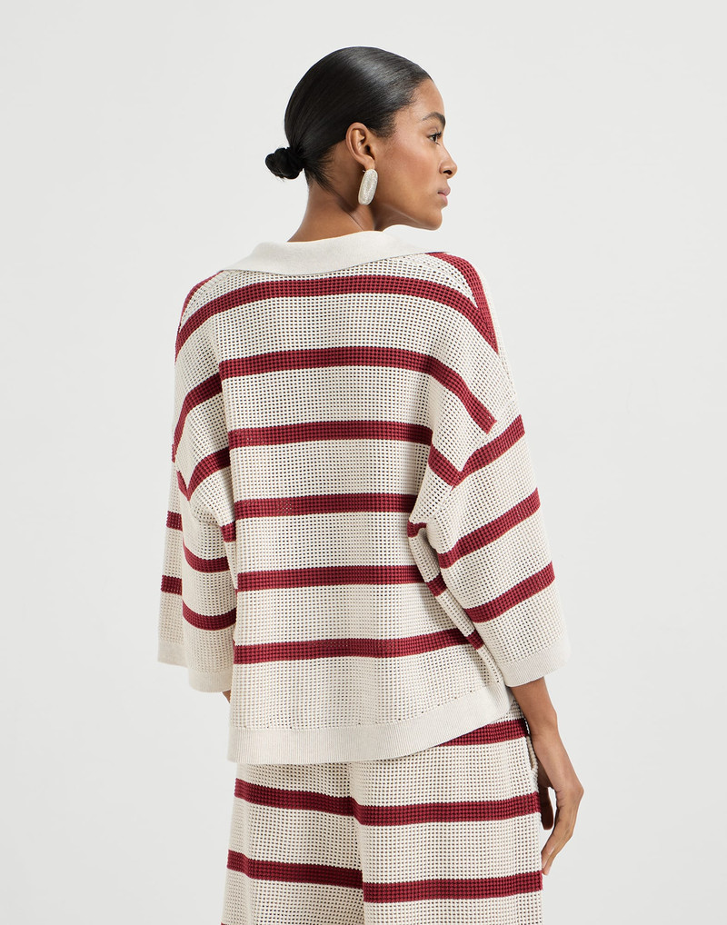 Brunello Cucinelli Cotton striped net knit polo shirt outlook