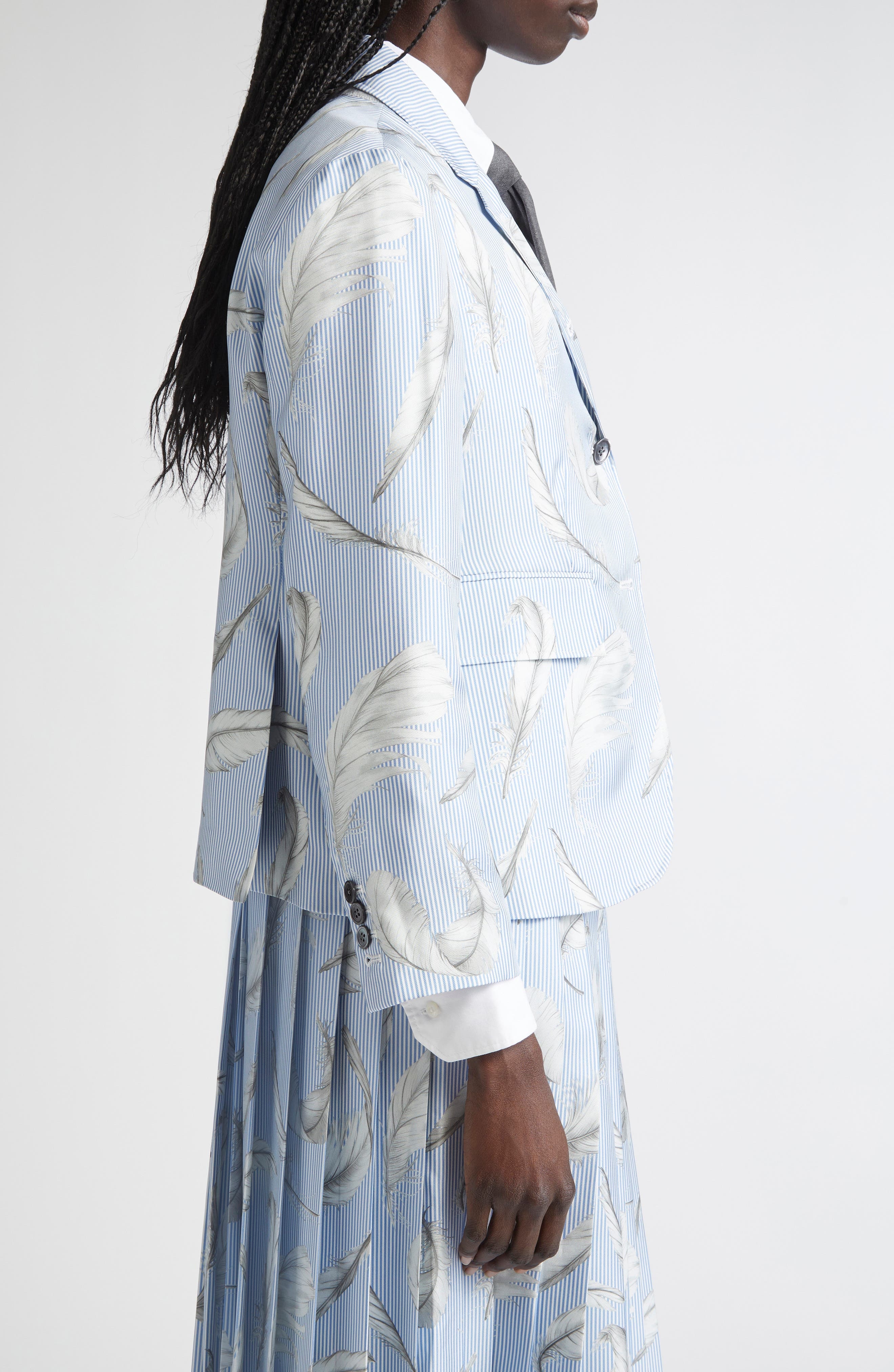 Thom Browne Feather Print Stripe Silk Blazer in Light Blue at Nordstrom - 4