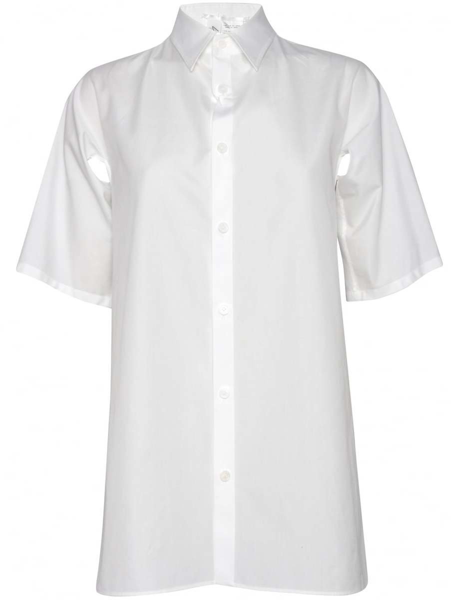 White Cut Out Button-Down Apron Shirt in White - 1