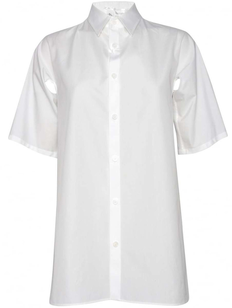 White Cut Out Button-Down Apron Shirt in White 1