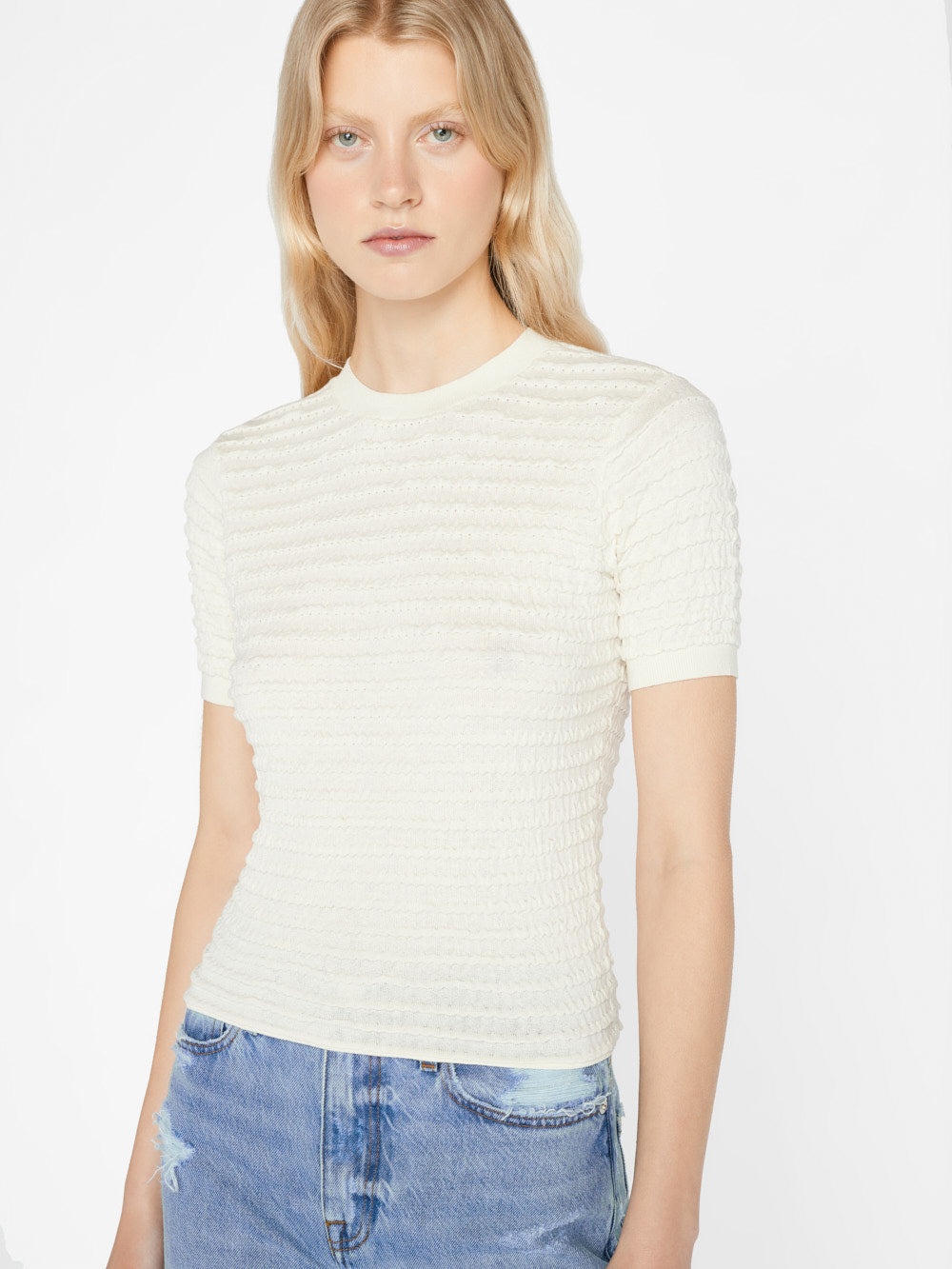 Smocked Short Sleeve Sweater in Blanc - 4