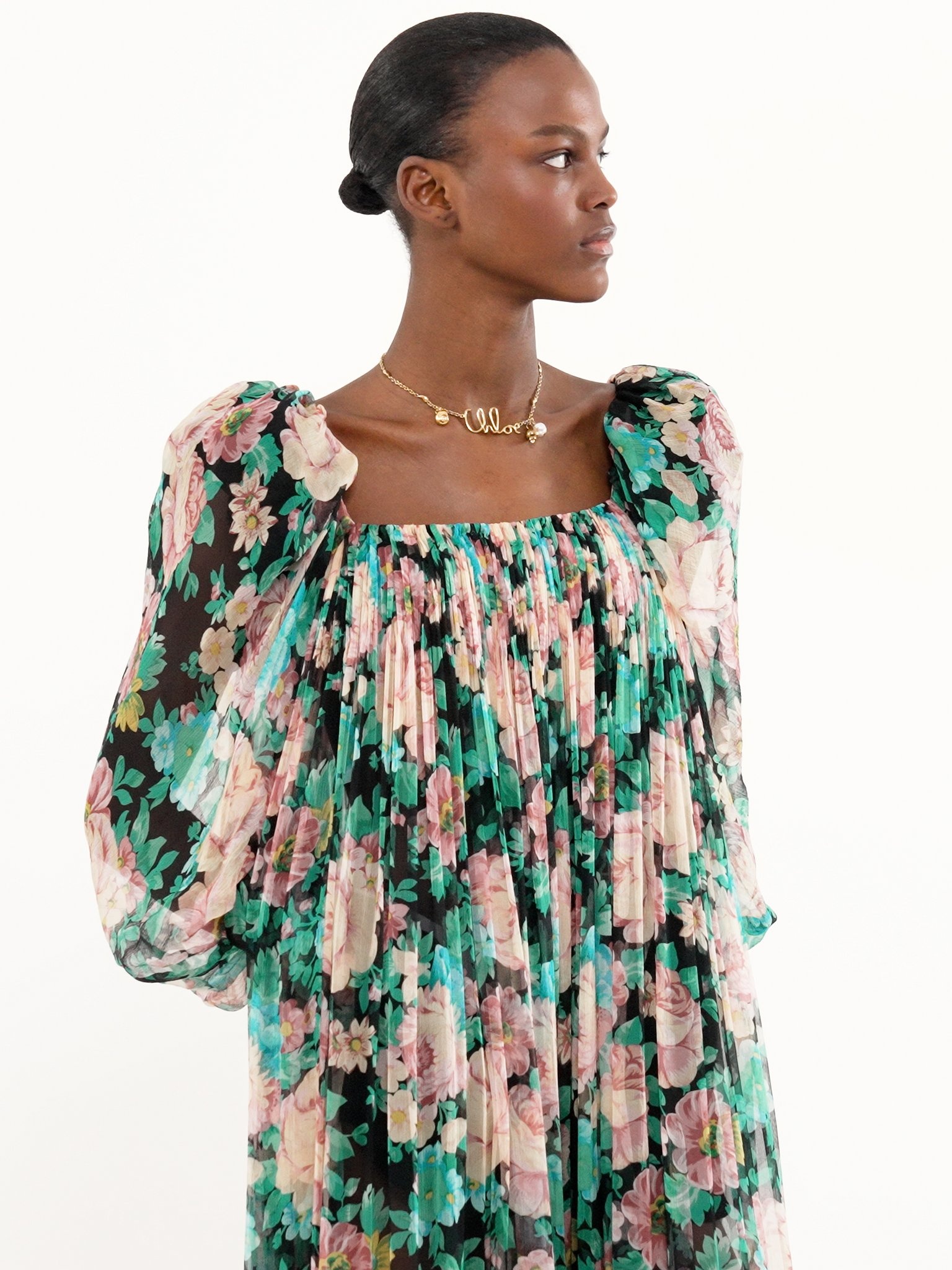 PUFF-SLEEVE LONG DRESS IN SILK MOUSSELINE - 5