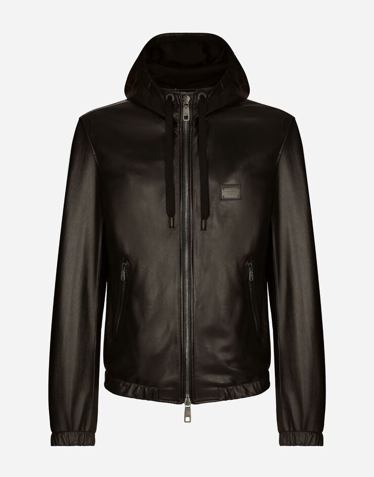 Leather jacket with hood and branded tag - 1