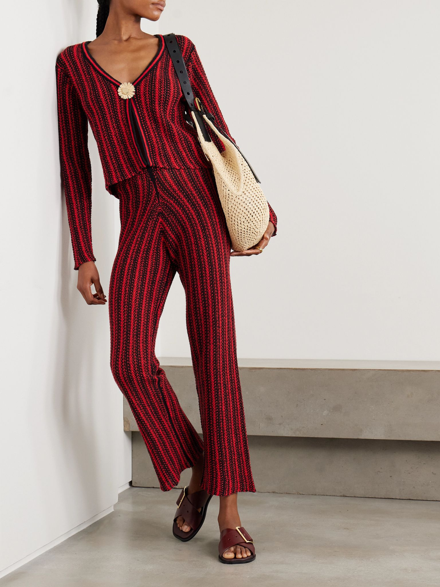 Appliquéd raffia-trimmed striped open-knit cotton cardigan Red - 2