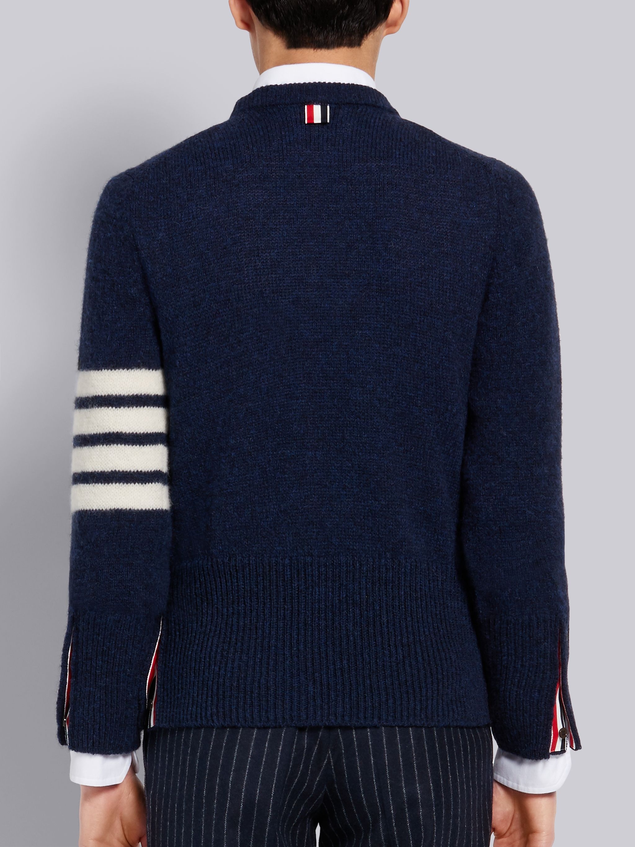 Navy Shetland Wool Jersey Stitch Classic Crewneck 4-Bar Pullover - 3