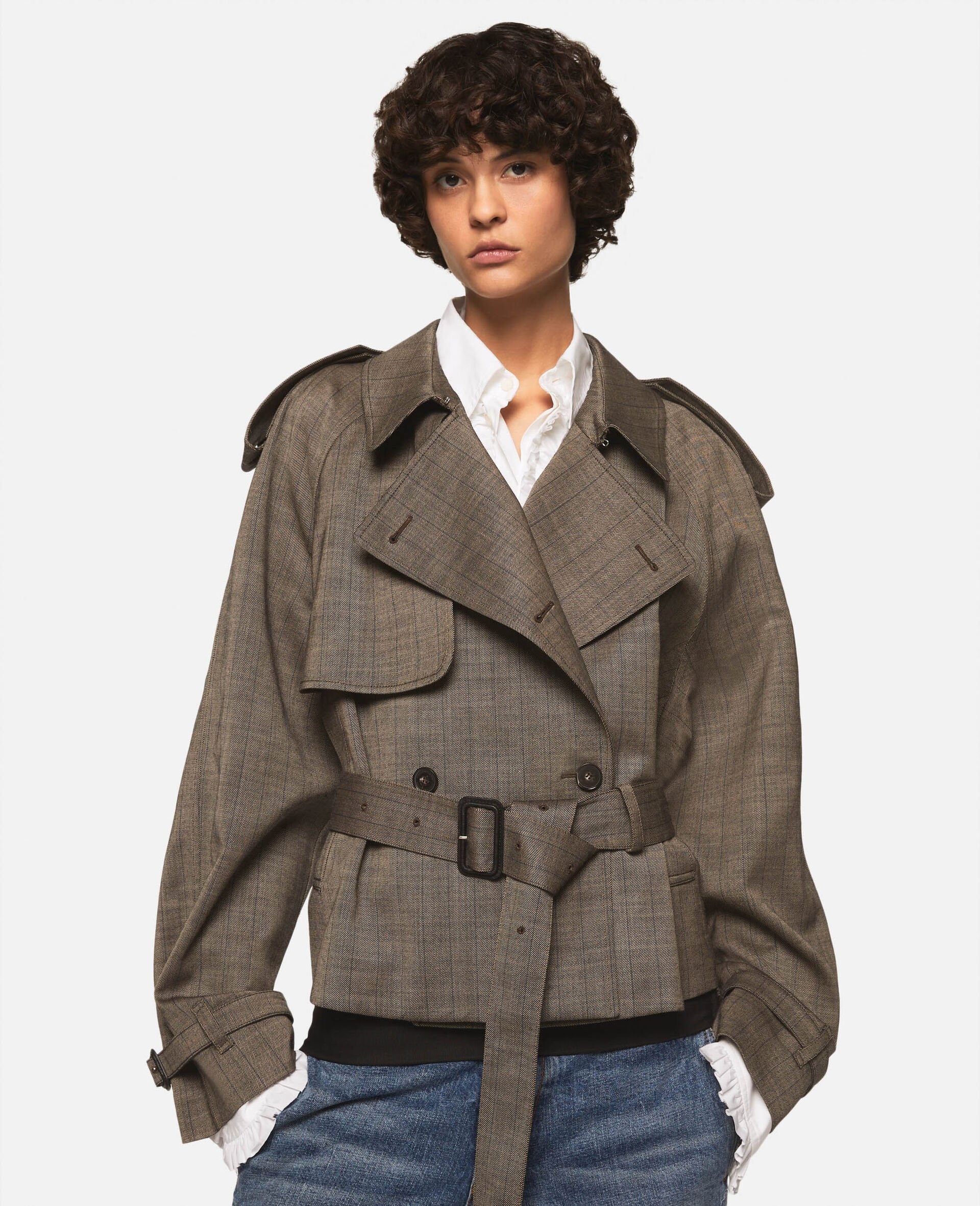 Cropped Checked Wool Trench Jacket - 5