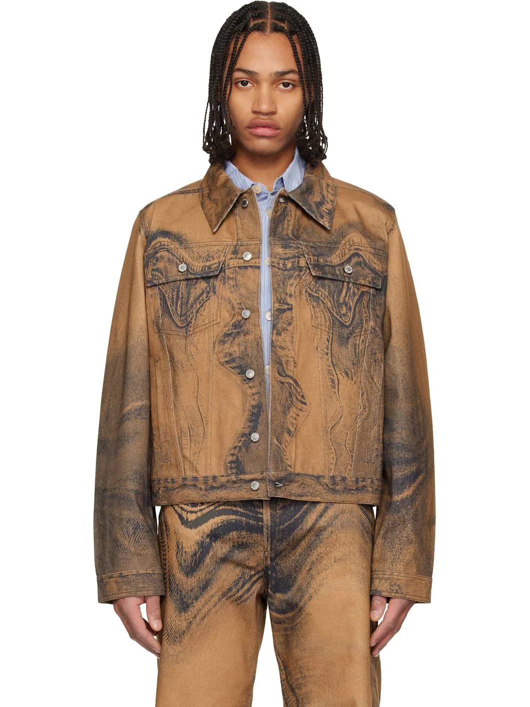 Brown Distorted Print Denim Jacket - 1