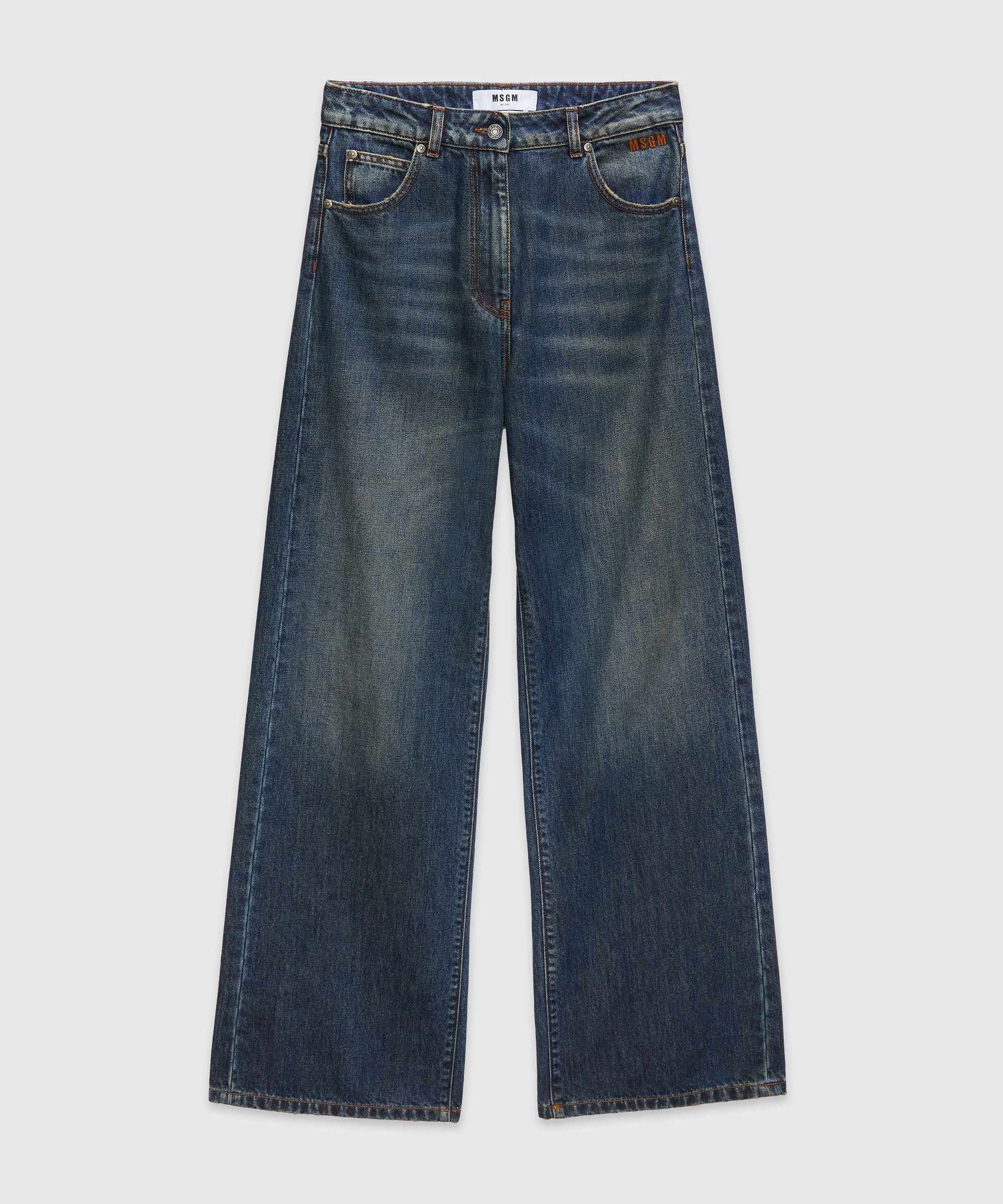 Wide-leg pre-washed effect dark blue denim pants - 1