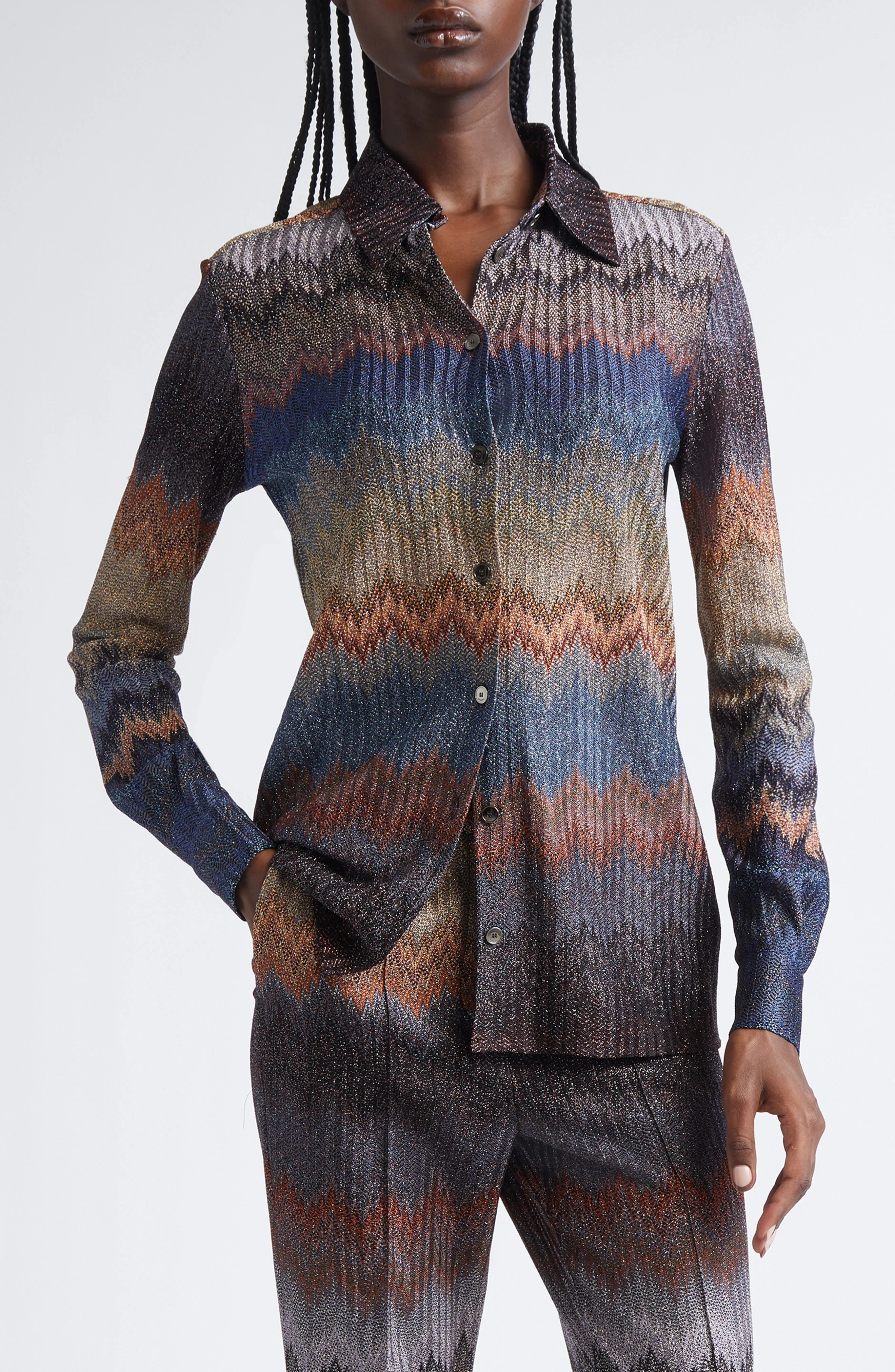 Missoni Metallic Snake Zigzag Button-Up Shirt in Micro Check Blue Tones at Nordstrom - 1