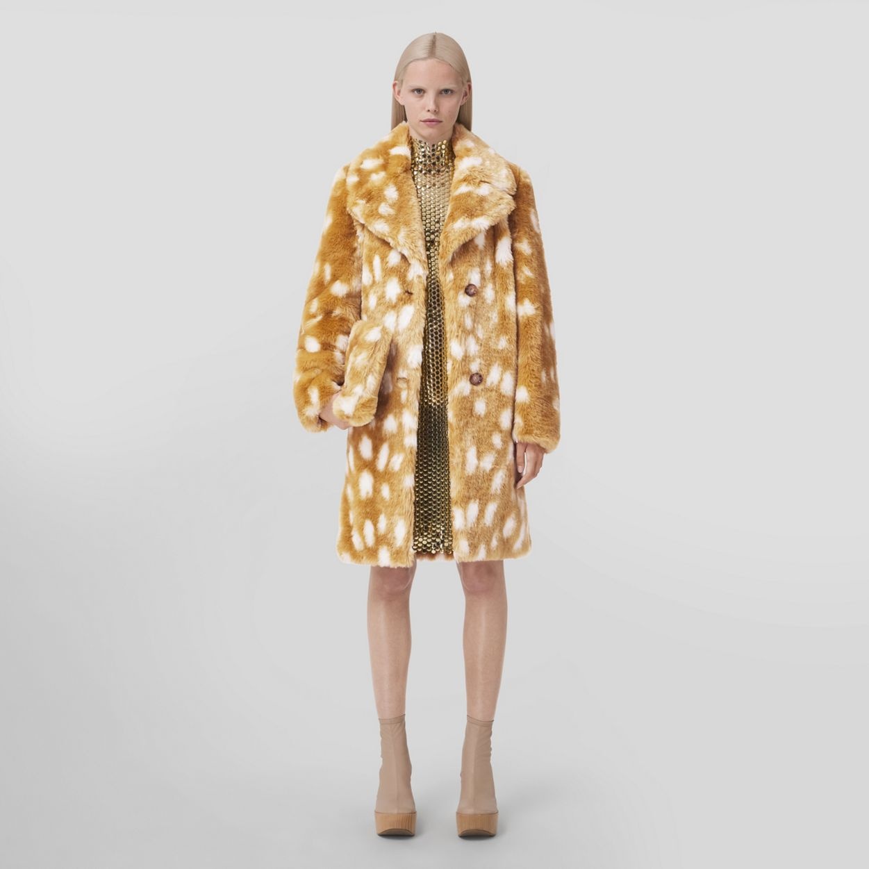 Deer Print Faux Fur Pea Coat - 1