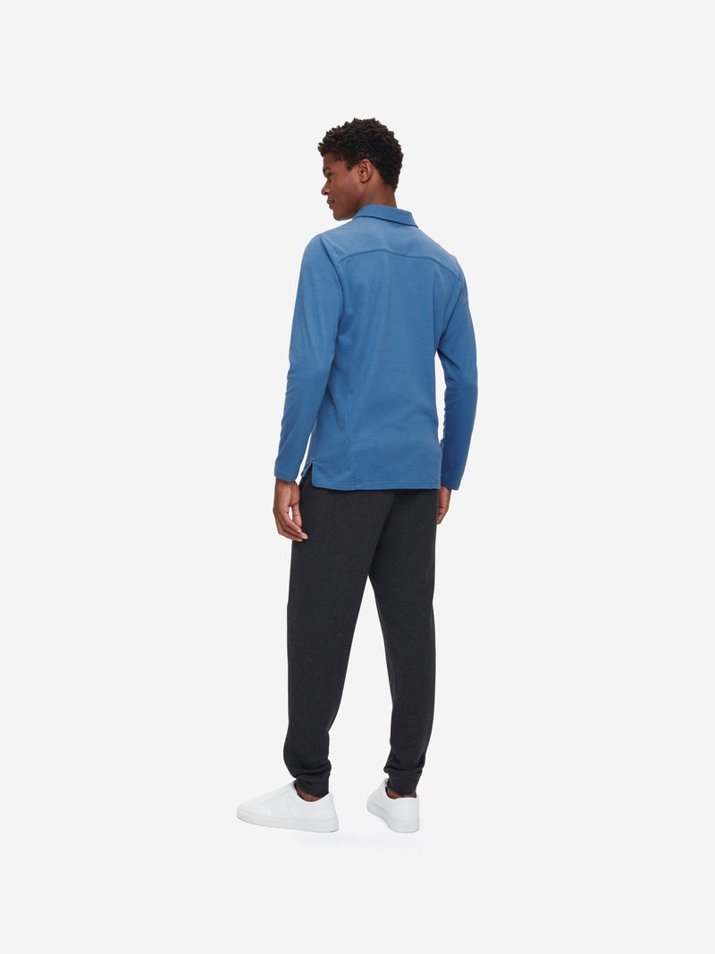 Men's Long Sleeve Polo Shirt Ramsay 3 Pique Cotton Tencel Blue - 4