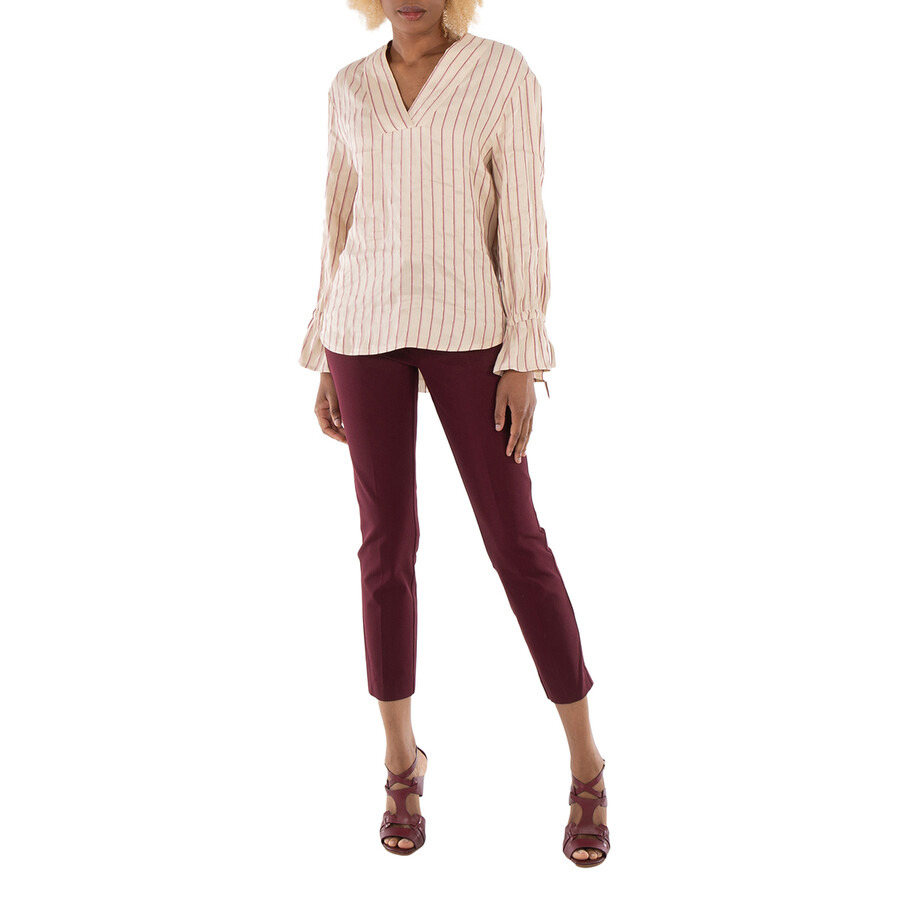 Benjamin Benmoyal - Benjamin Benmoyal Ladies Beige Stiped Linen V Collar Shirt - 6