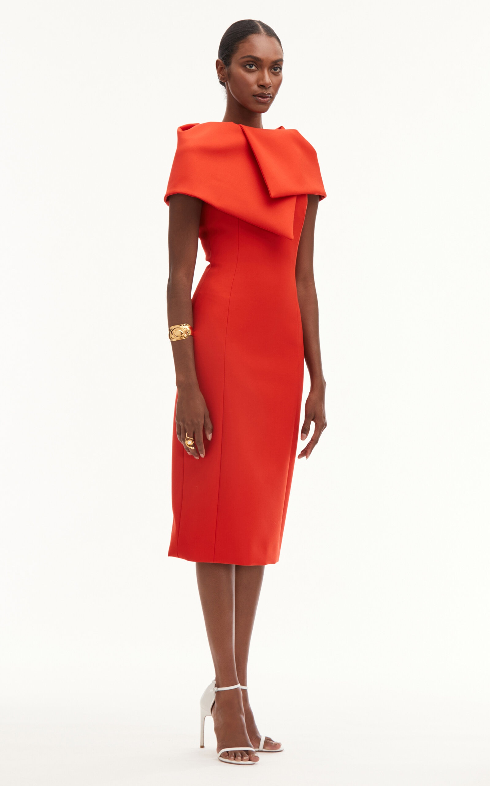 Draped Neck Bonded Wool Tailoring Dress orange - 4