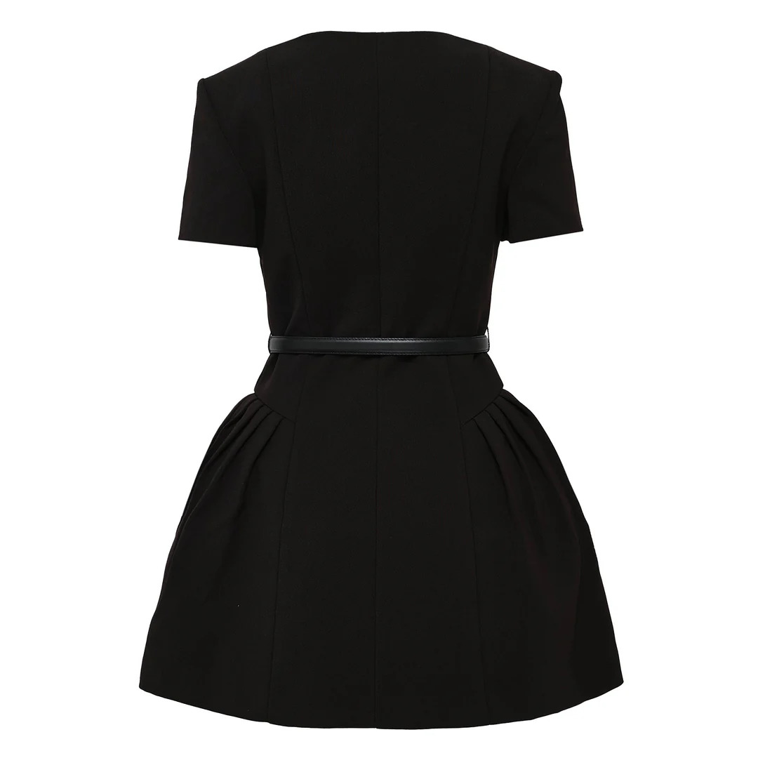 Black Crepe Short Sleeve Mini Dress - 2