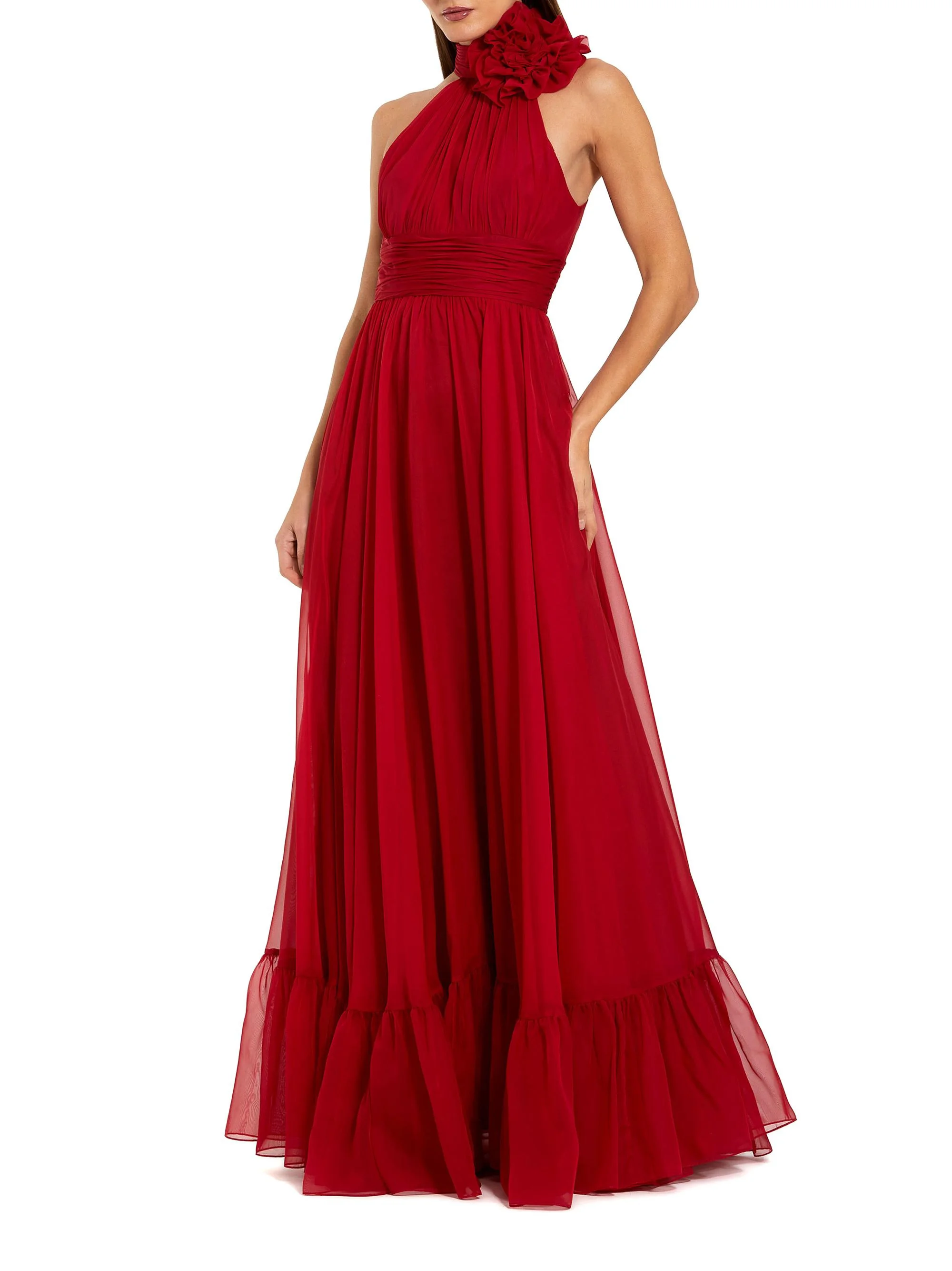 Women's Sleeveless Floral Chiffon Gown - Deep Red - 1
