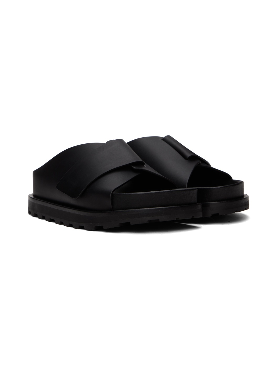 Black Cross-Strap Leather Slides - 4