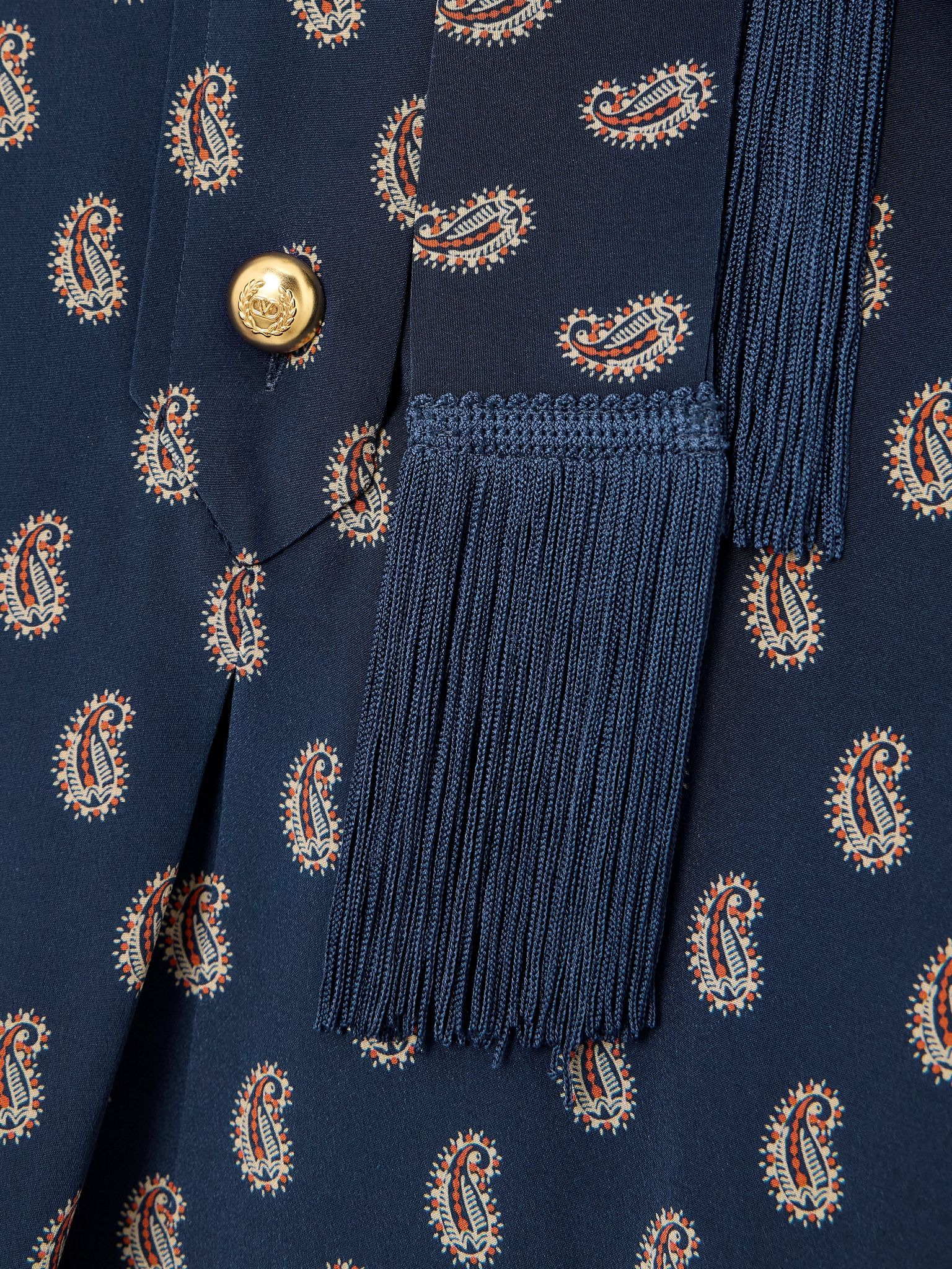 Fringed belted printed silk-satin midi shirt dress Navy - 4