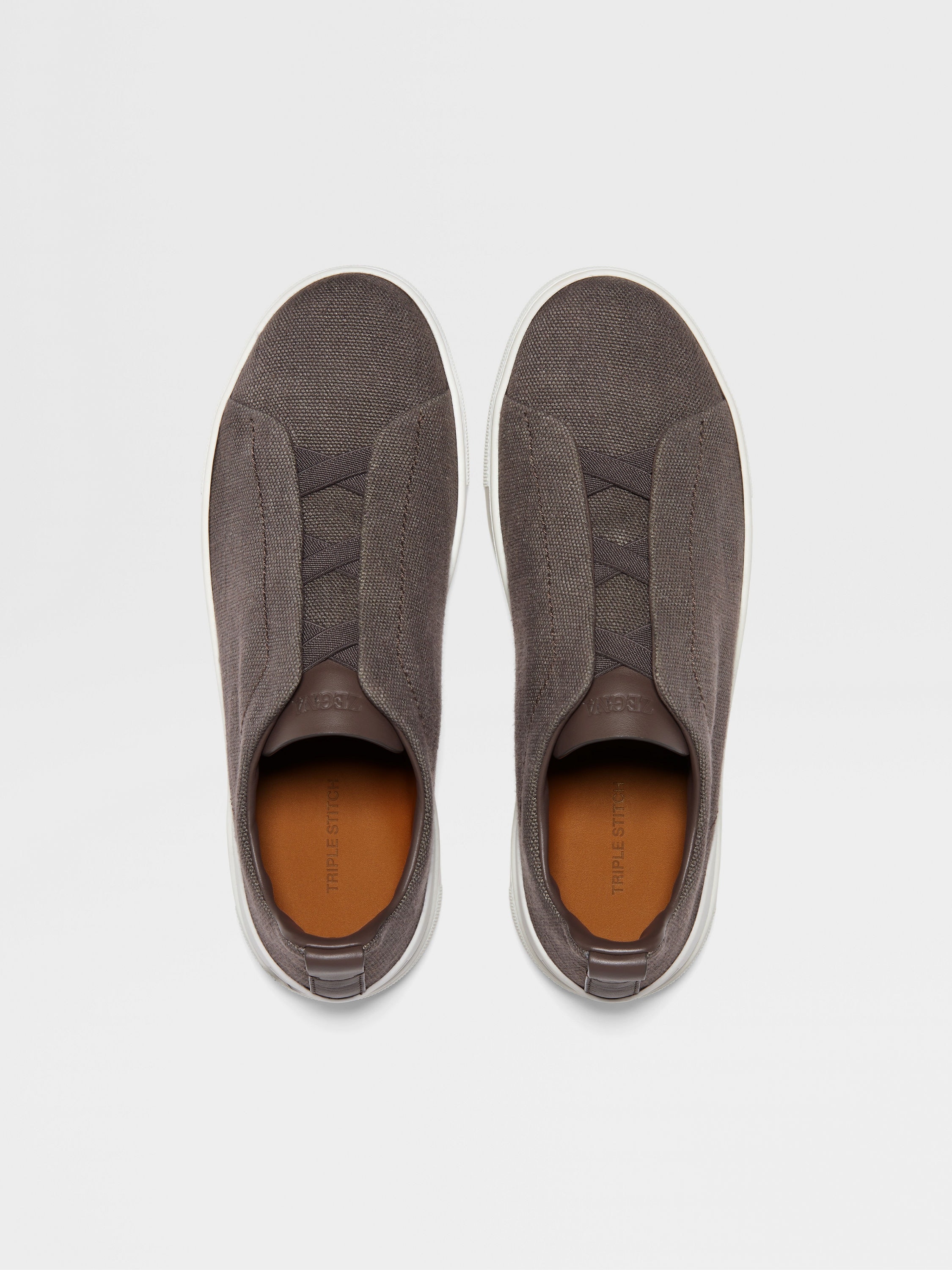 DARK TAUPE COTTON LINEN AND LEATHER TRIPLE STITCH™ SNEAKERS - 3