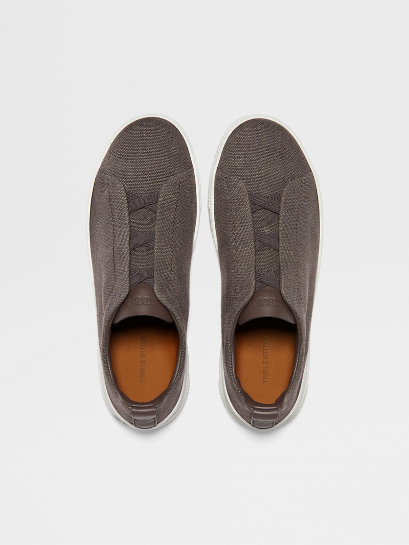 DARK TAUPE COTTON LINEN AND LEATHER TRIPLE STITCH™ SNEAKERS 3