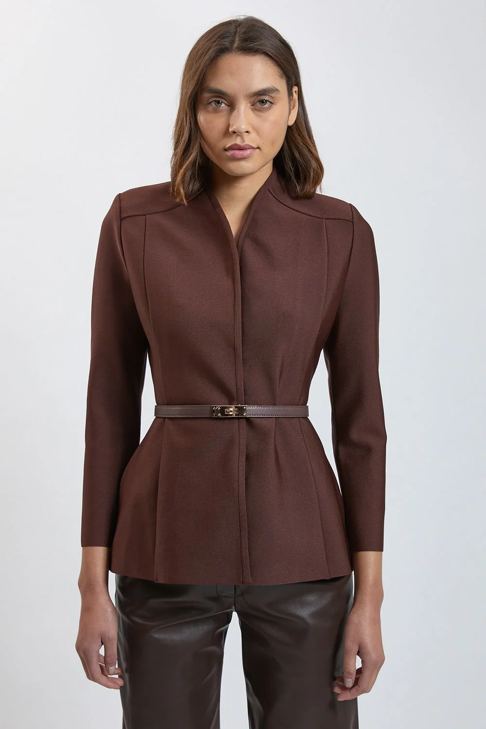 Bandage Studded Belt High Neck Wrap Blazer - 1