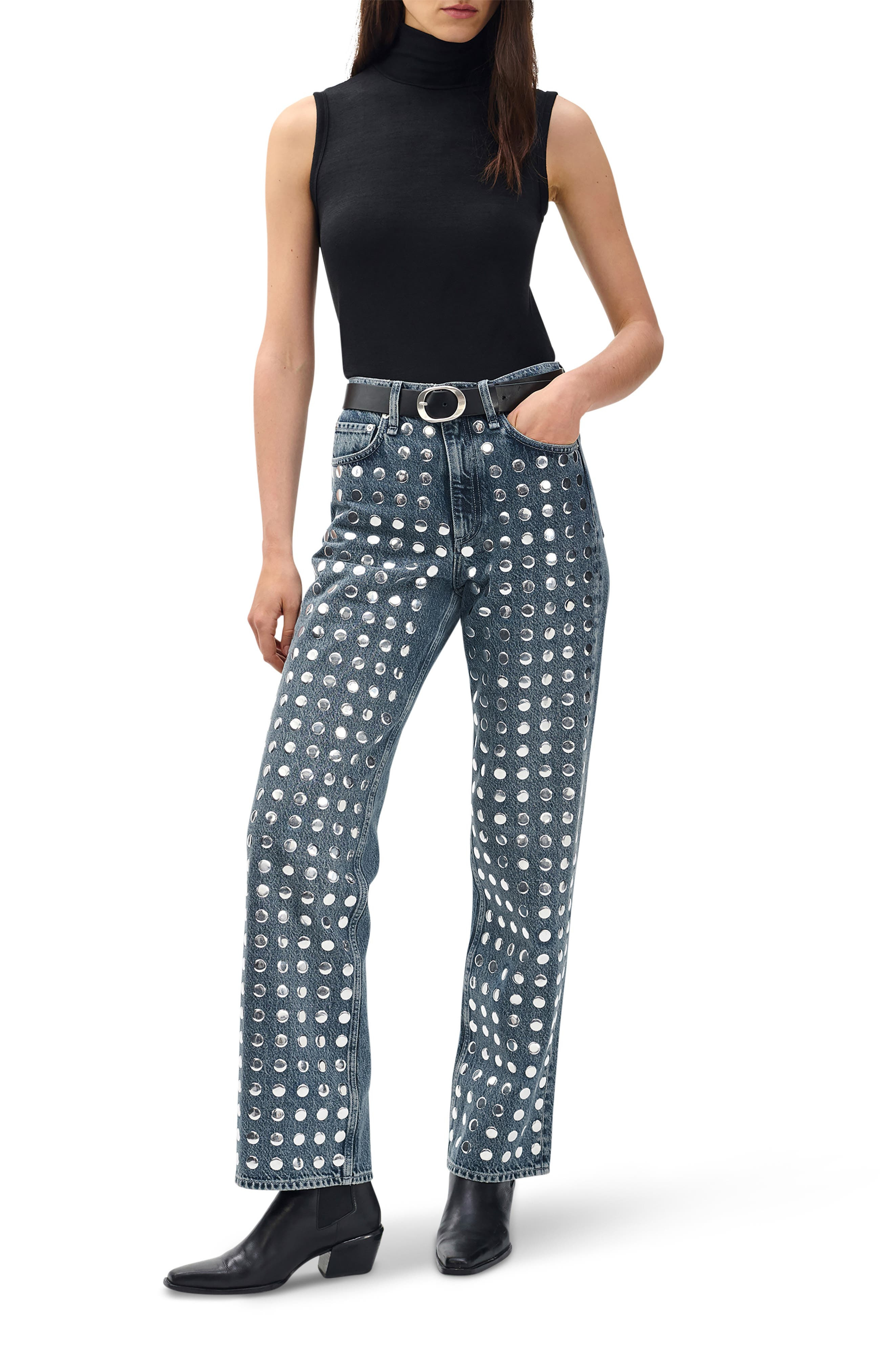 rag & bone Shea Rhinestone Straight Leg Jeans in Blue at Nordstrom - 5