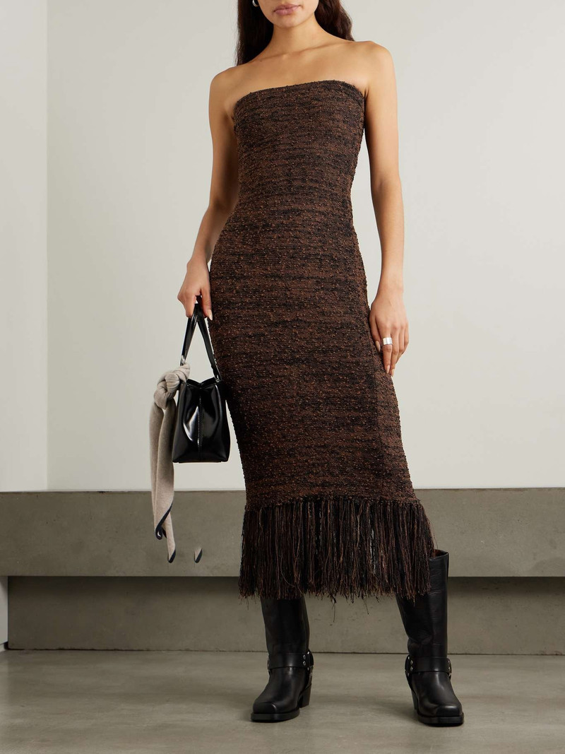 FRAME Strapless fringed bouclé midi dress Light brown outlook