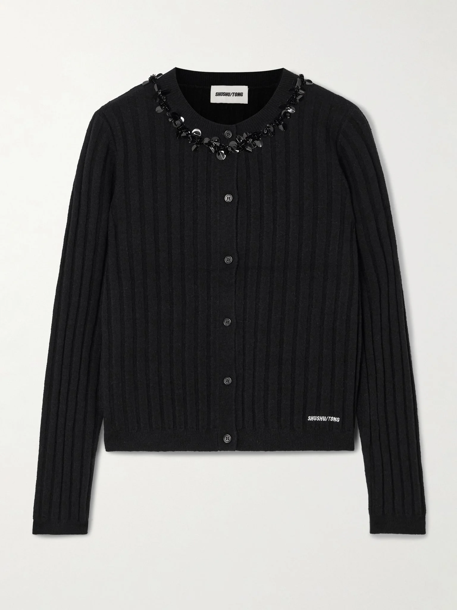 Embellished embroidered ribbed wool-blend cardigan Black - 1