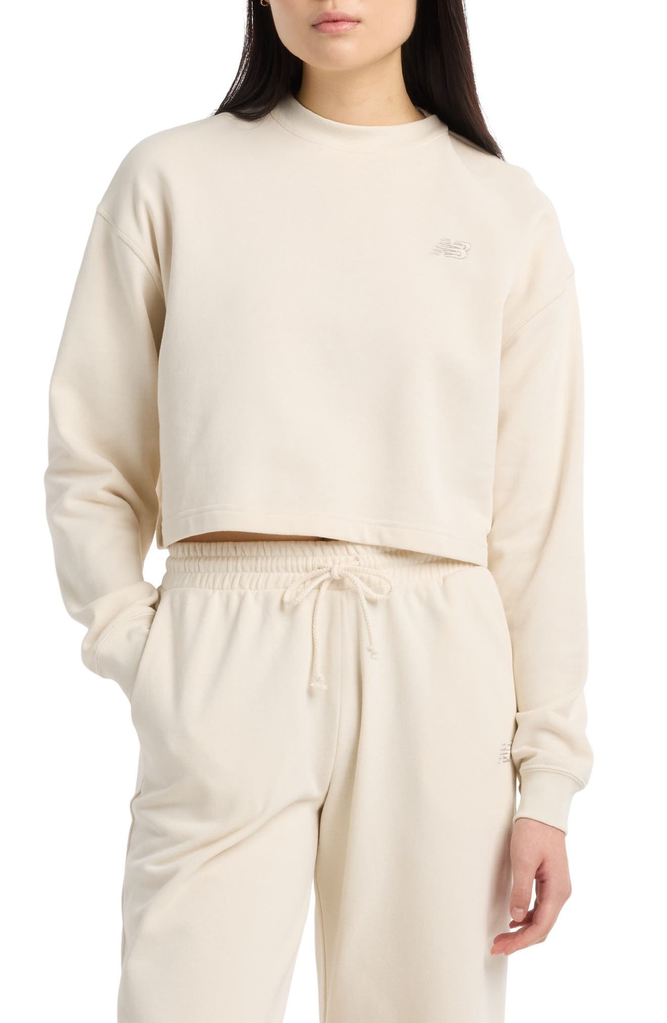 New Balance Coastal Fleece Oversize Crop Crewneck Sweatshirt in Linen at Nordstrom - 1