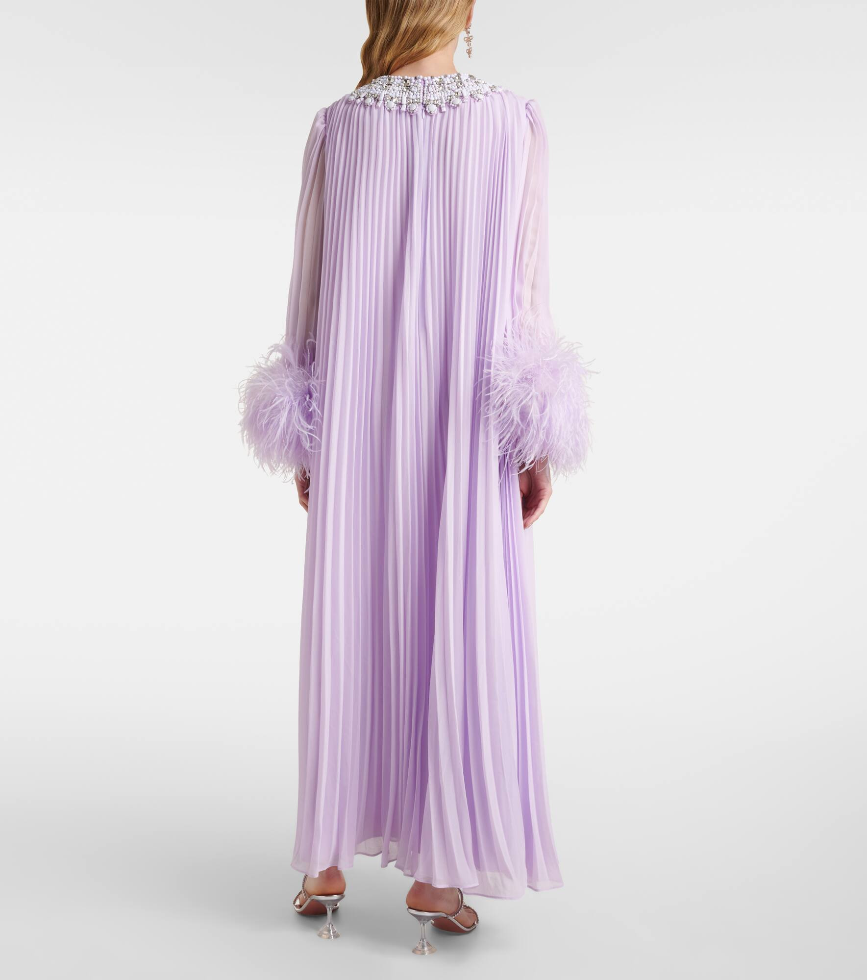 Feather-trimmed plissé chiffon midi dress - 3