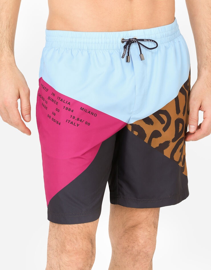 Mid-length nylon patchwork swim trunks with print - 4