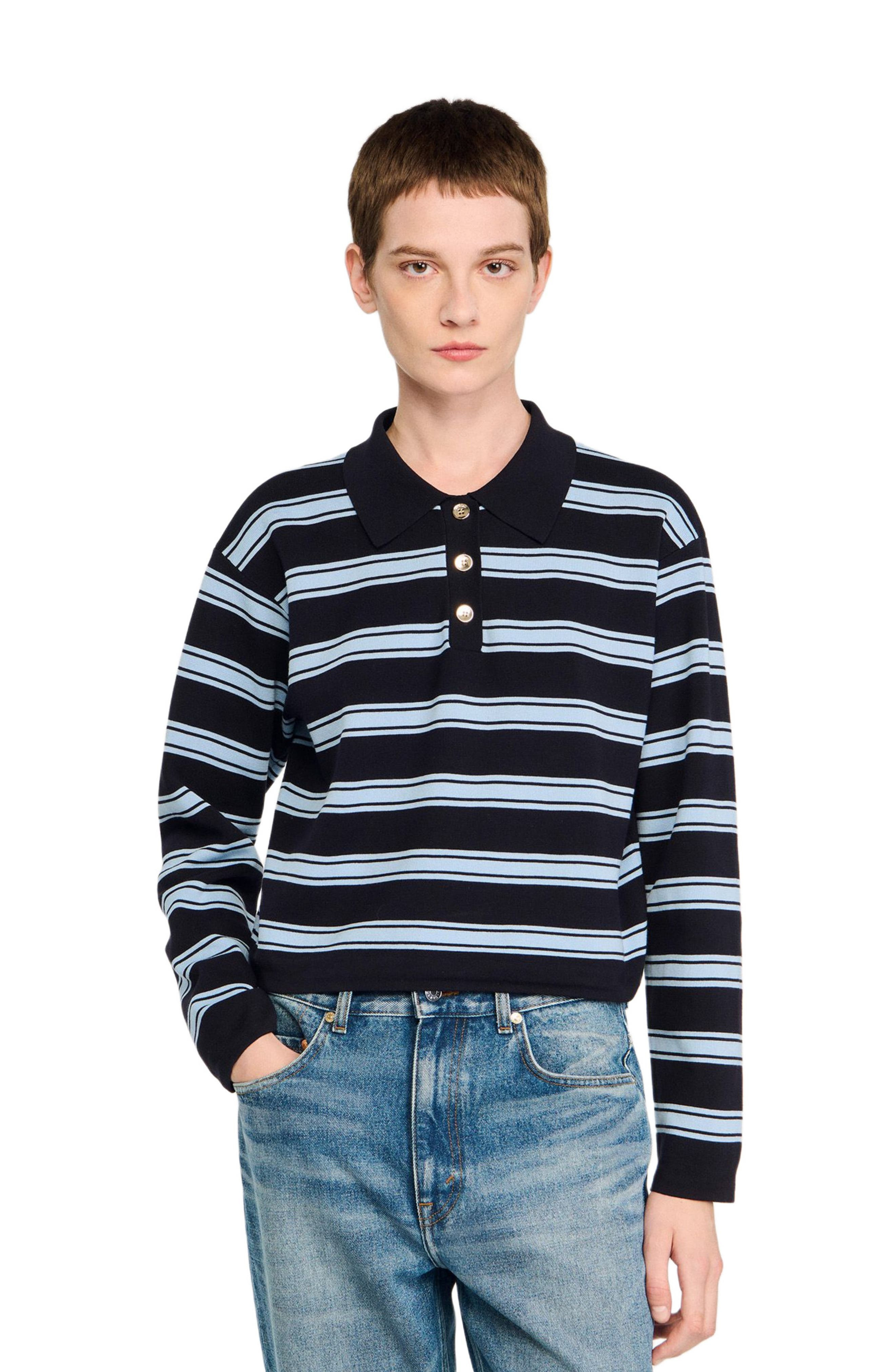 SANDRO Striped polo sweater in Navy Blue at Nordstrom - 3