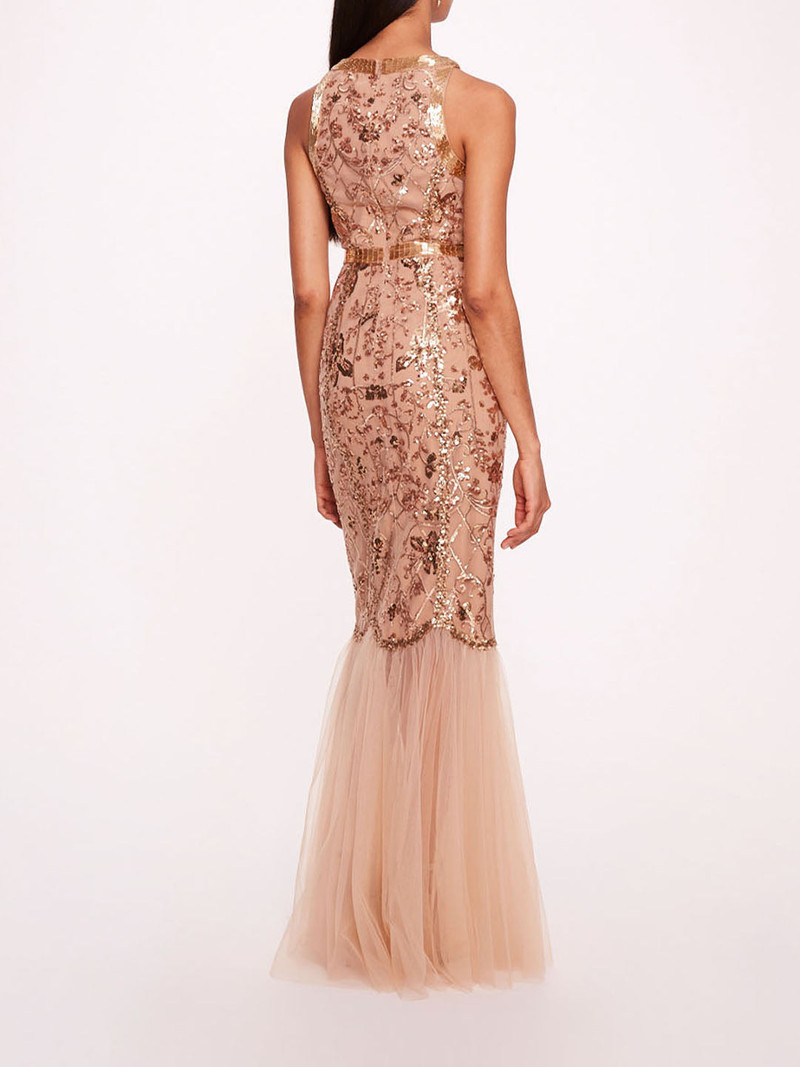 Marchesa SEQUIN LATTICE STRAPLESS GOWN outlook