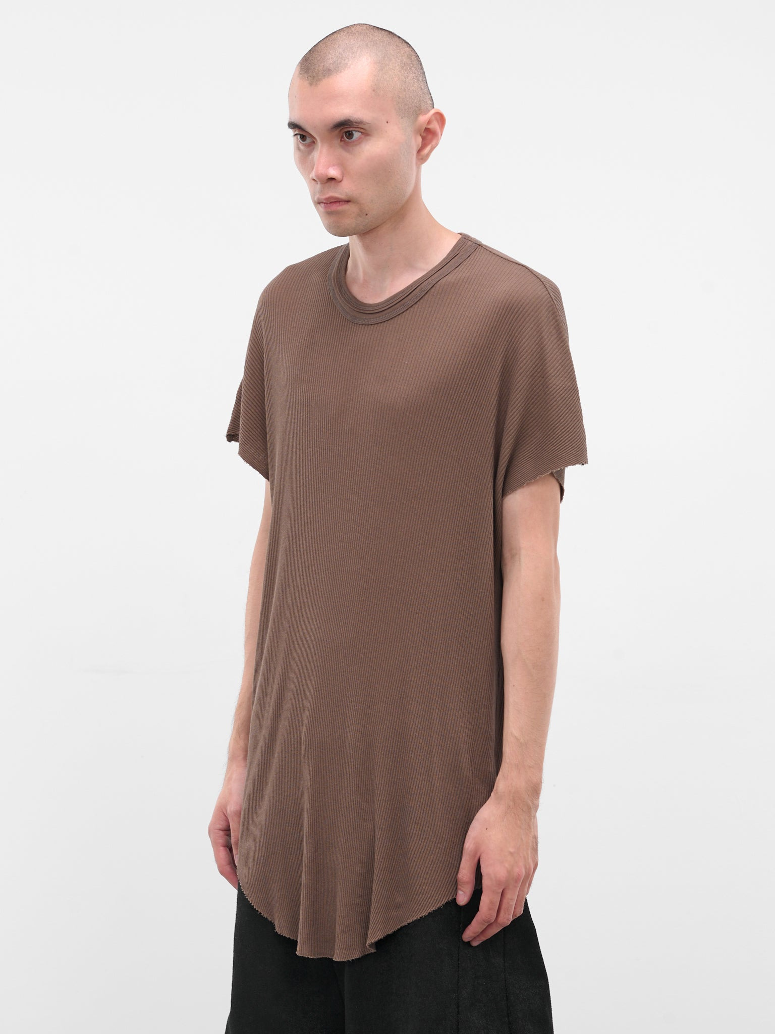 Brown Cotton-Silk Ribbed Tee - 2