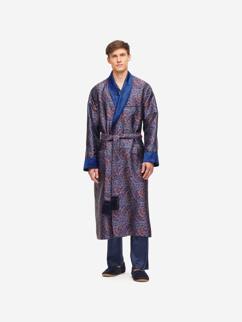Derek Rose Men's Dressing Gown Verona 59 Silk Jacquard Navy outlook