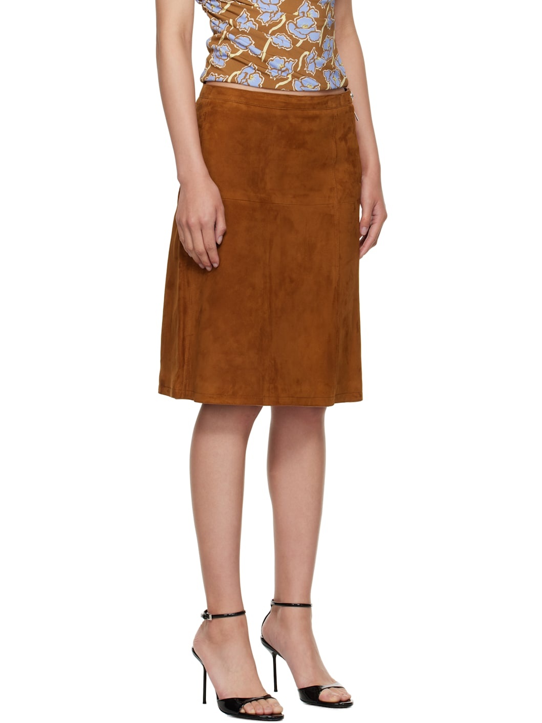 Brown Zip Suede Midi Skirt - 2