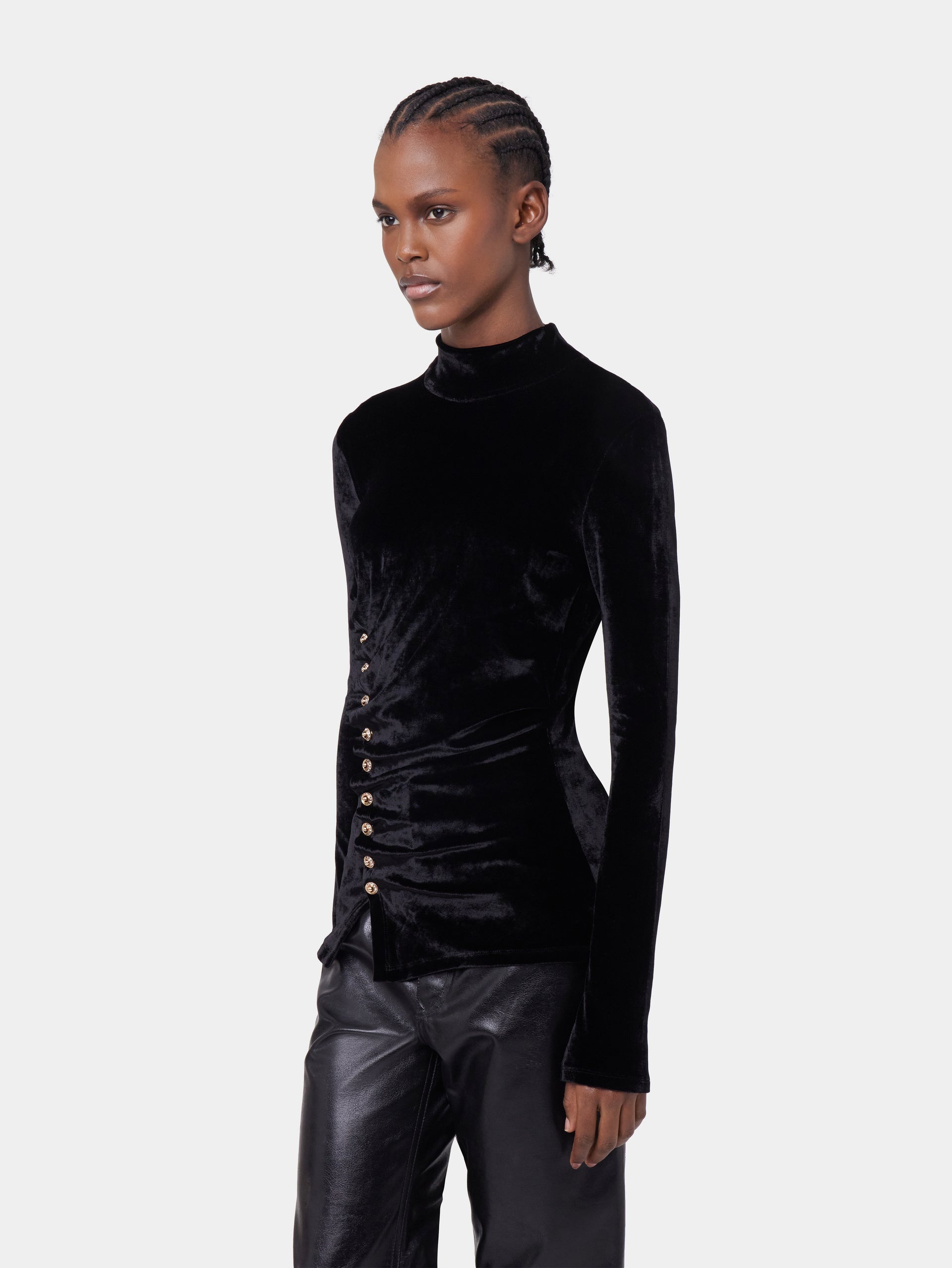BLACK LONG-SLEEVED DRAPE TOP IN VELVET - 5
