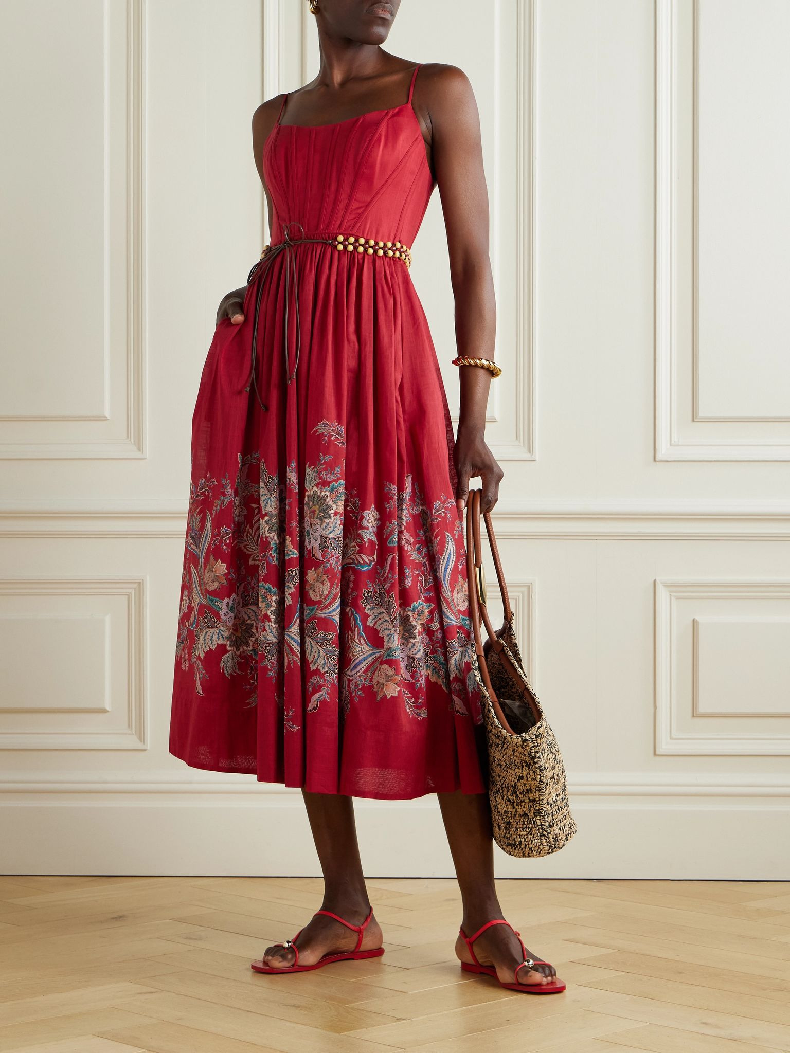 Rhiannon belted paisley-print cotton-voile midi dress Red - 2