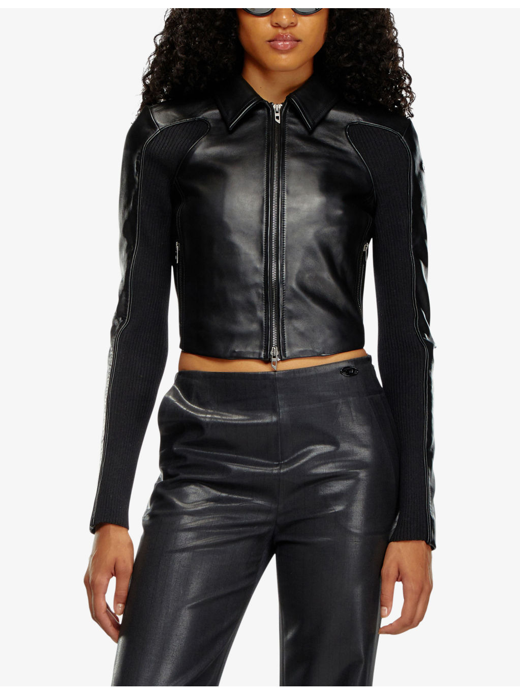 L-Totem-P1 knit-inserts cropped leather jacket - 3