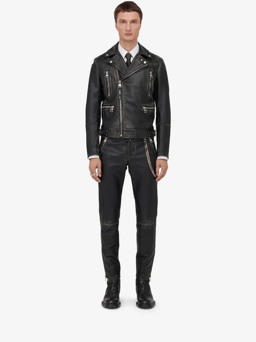 Men's Leather Biker Jacket in Black/ivory - 2