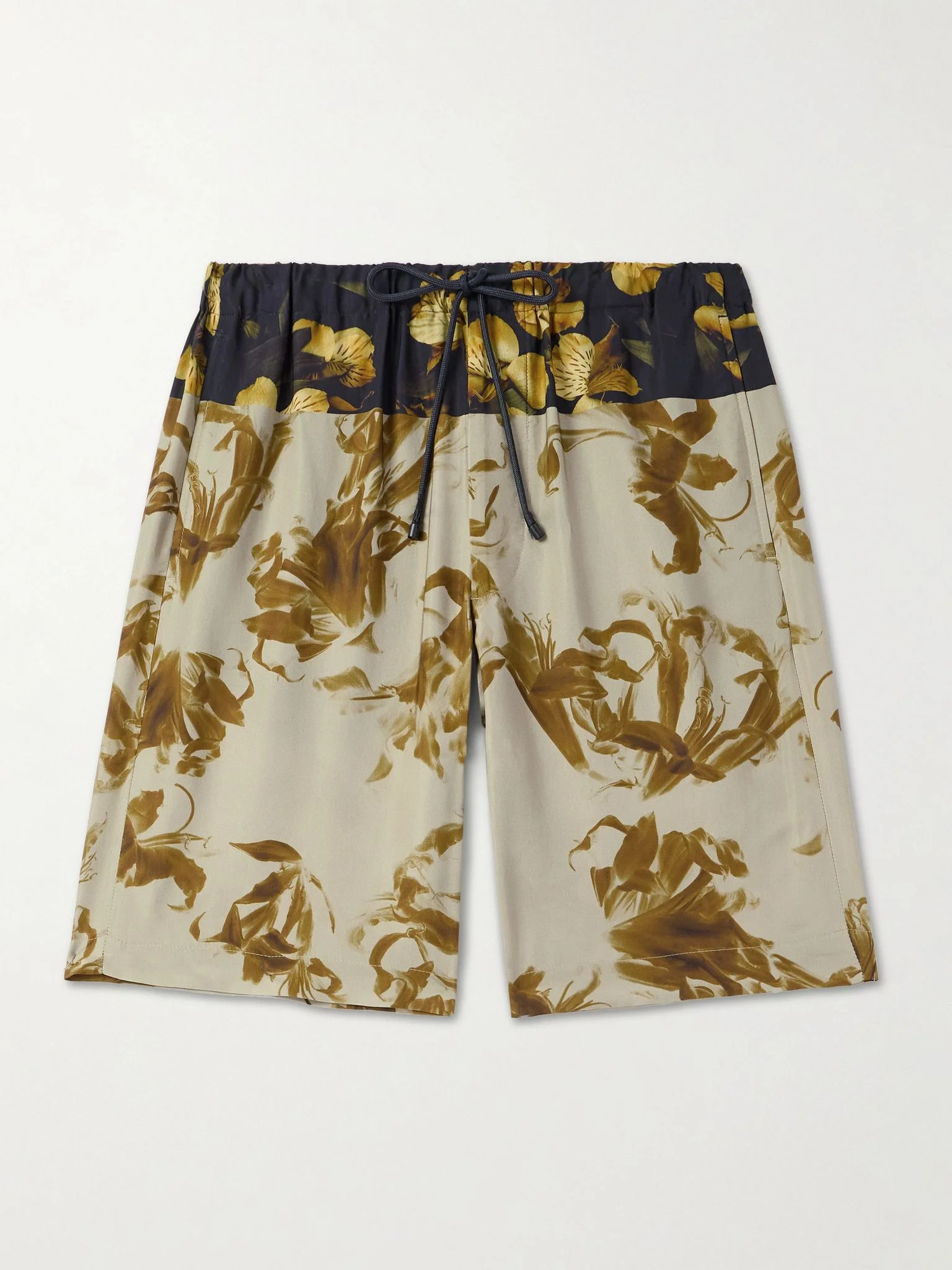 Wide-Leg Floral-Print Satin Drawstring Shorts Beige - 1