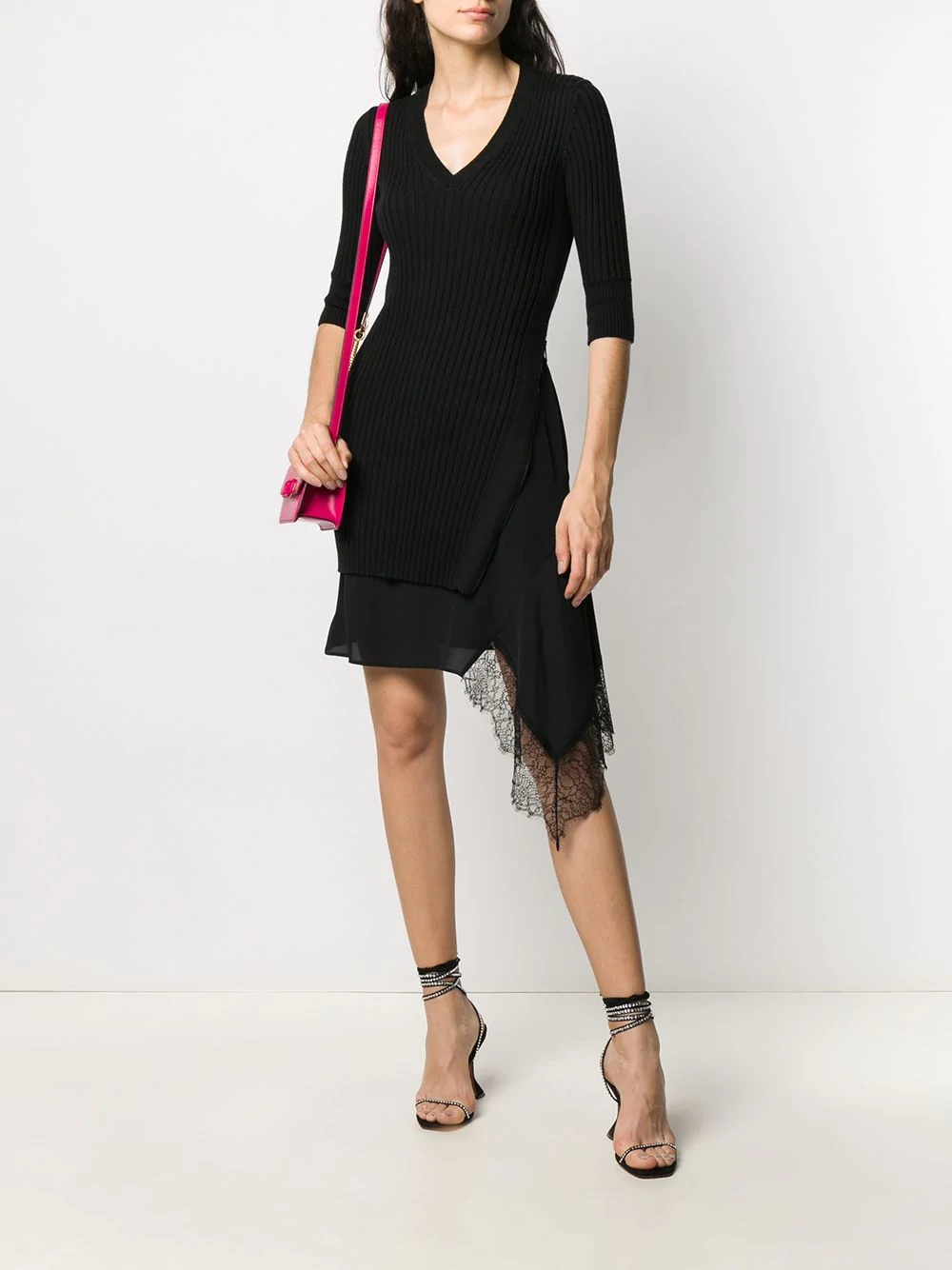 V-neck lace-hem dress - 2