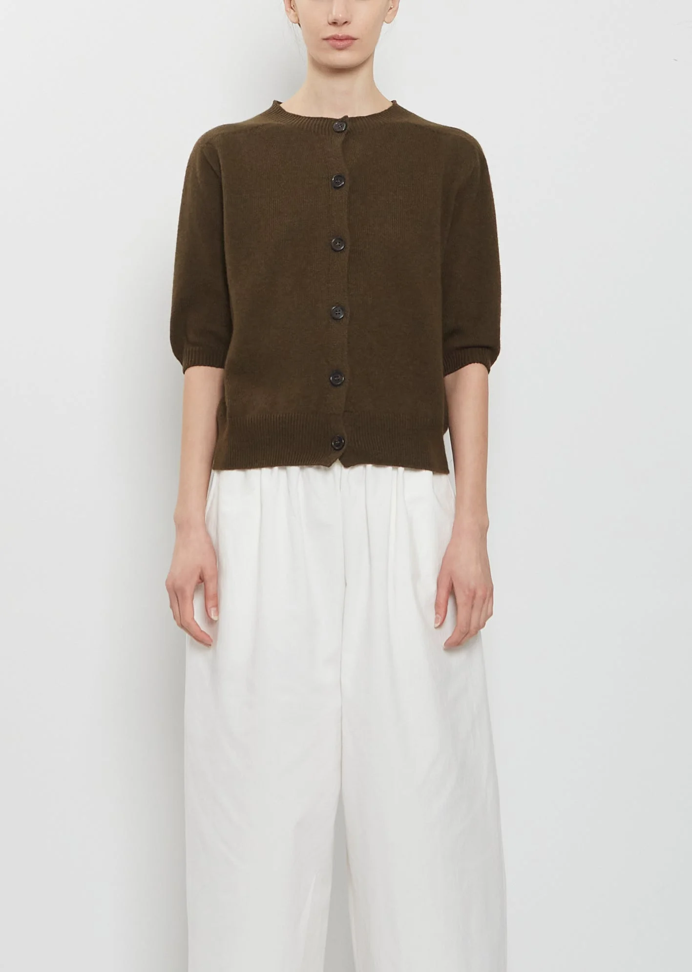Short Sleeve Cashmere Cotton Cardigan — Dark Olive - 1