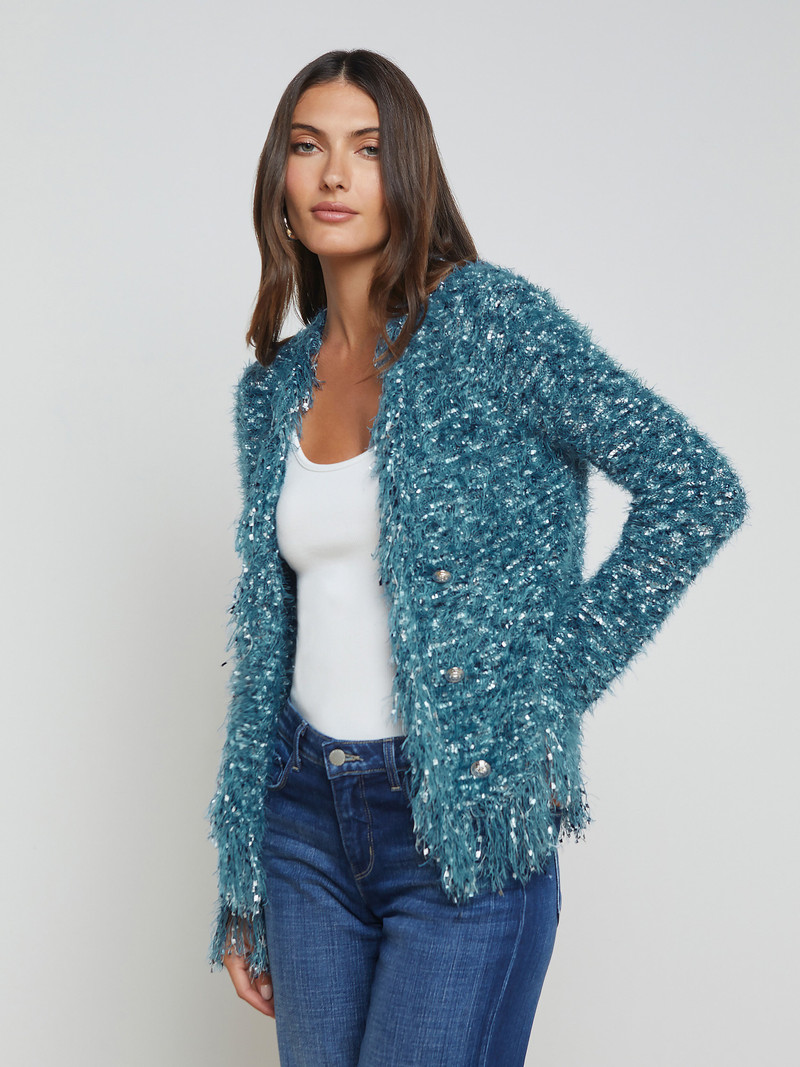 L'AGENCE Azure Fringe Cardigan Blazer outlook