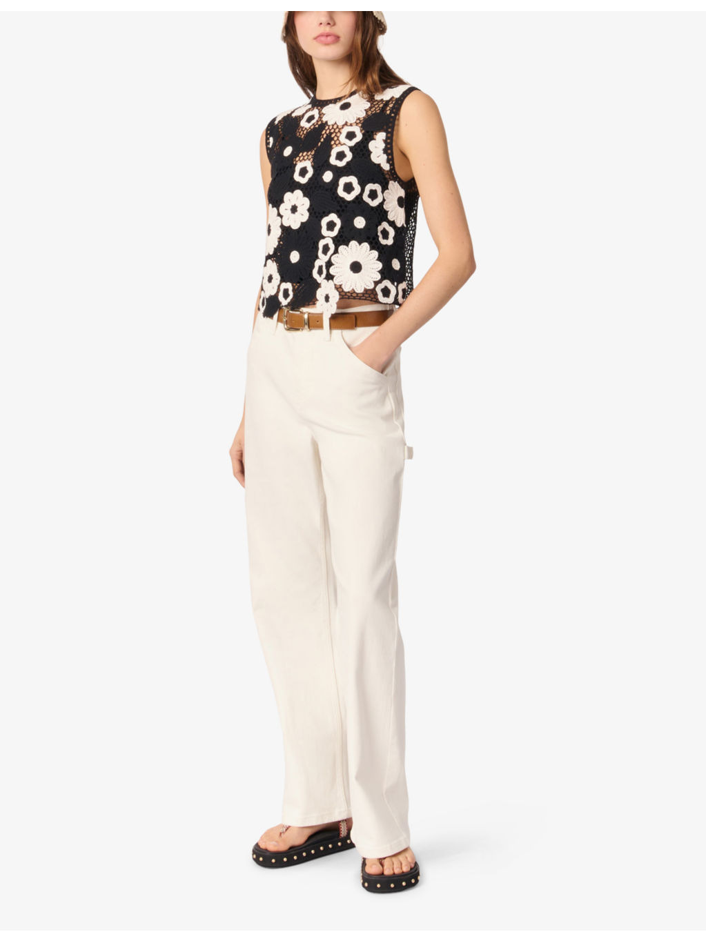 Floral-Pattern Sleeveless Cotton-Crochet Top - 2