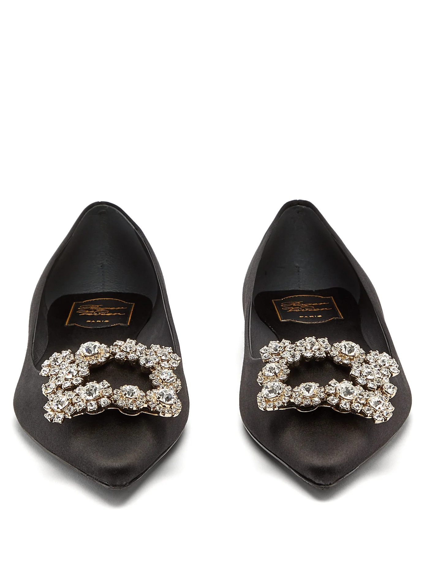 Crystal-buckle pointed satin flats - 5