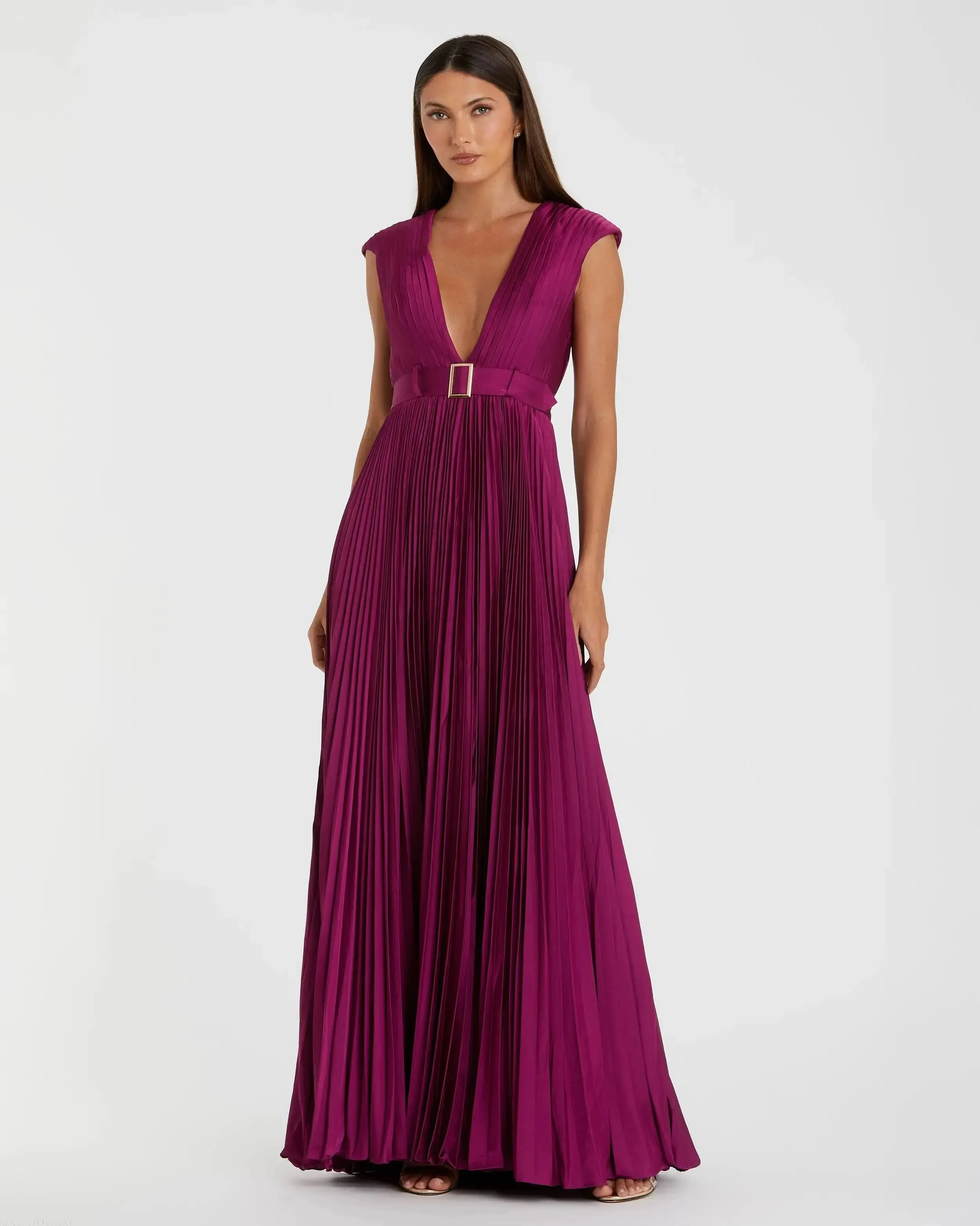 Purple Pleated Plunge Neck Belted A Line Gown - 1