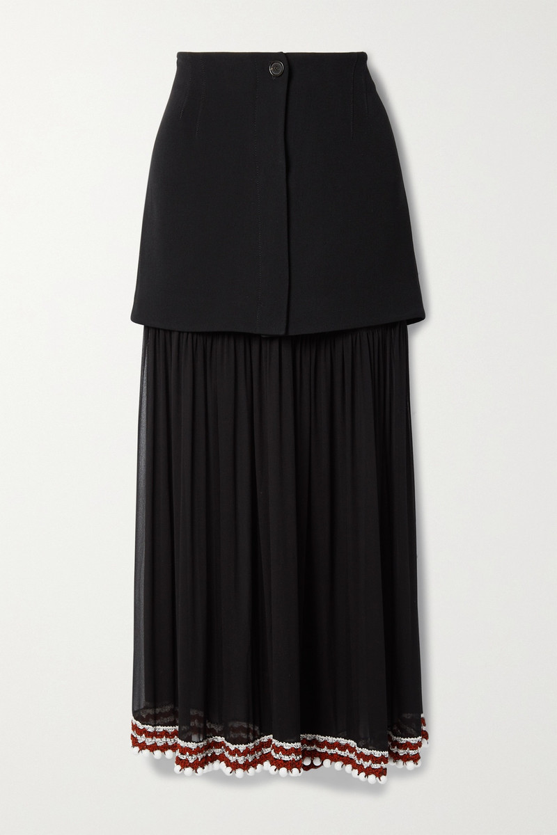 Layered embellished crochet-trimmed silk-chiffon and crepe maxi skirt - 1