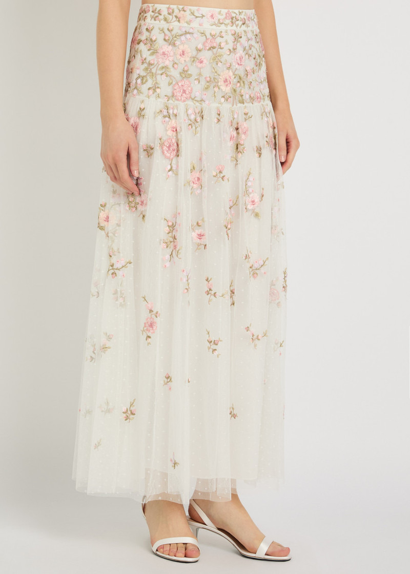 Needle & Thread Needle & Thread Eden Rose Floral-embroidered Tulle Midi Skirt outlook