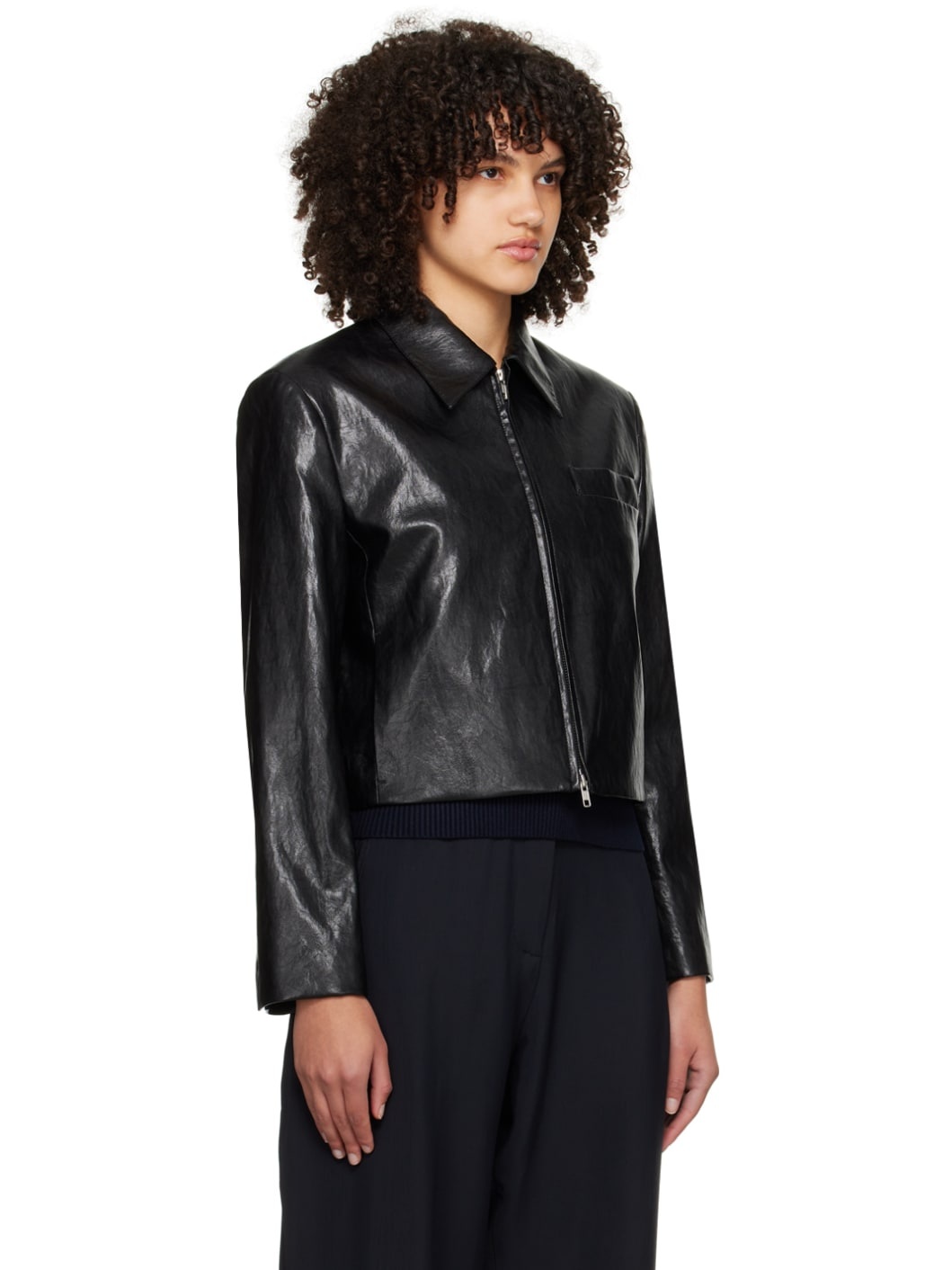 Black Collared Faux-Leather Jacket - 2